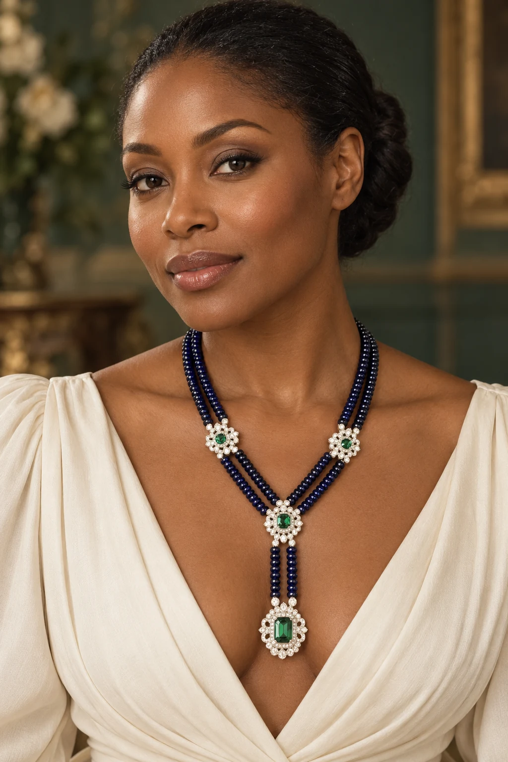 The Vivienne Midnight Blue Necklace worn on a model — AI-generated styling preview