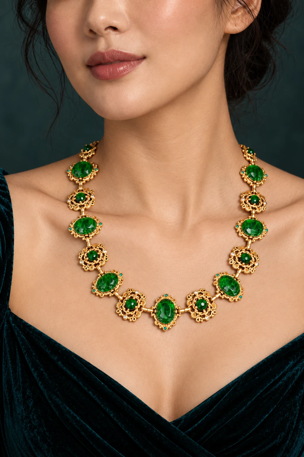 The Rosalie Green Necklace worn on a model — AI-generated styling preview