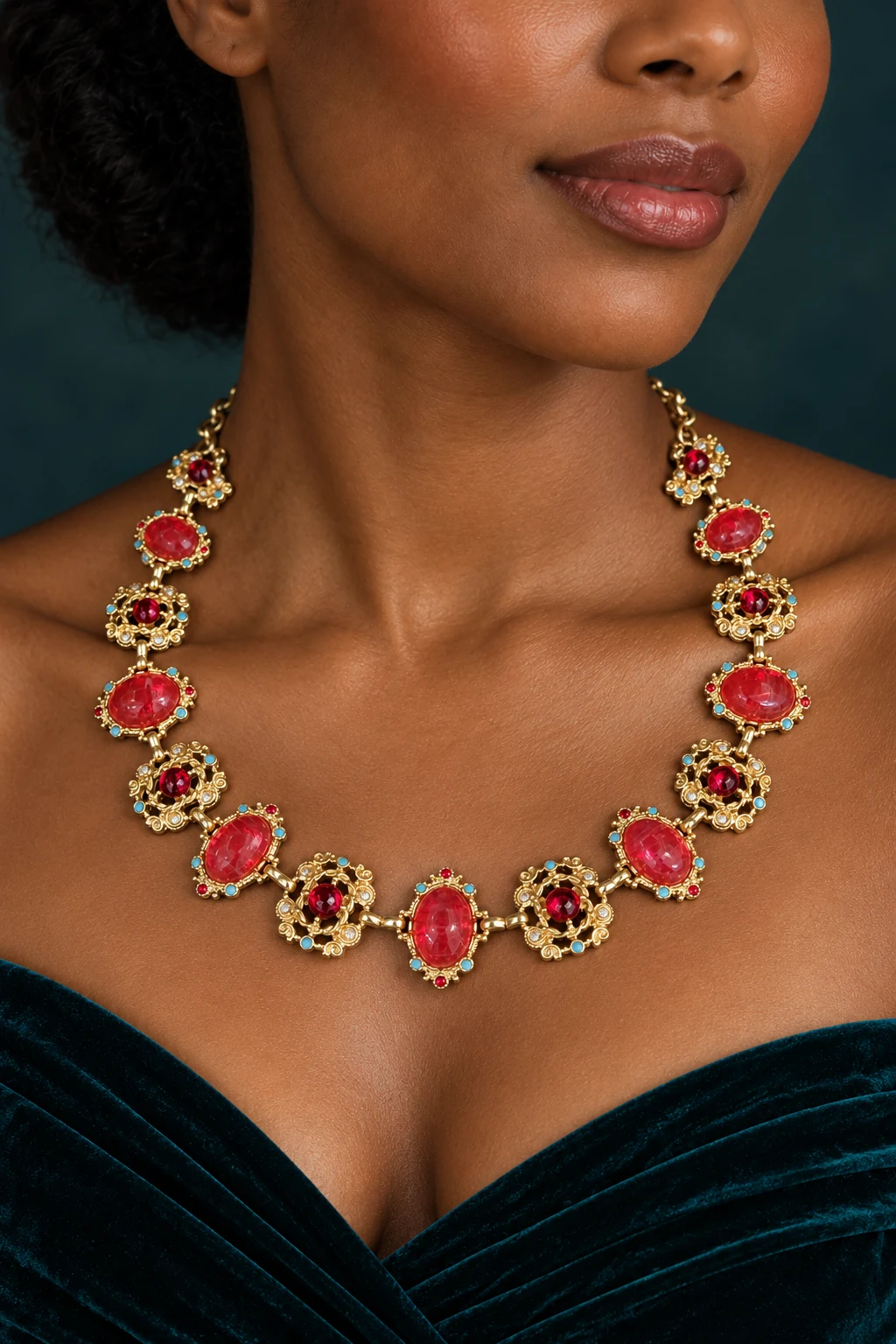 The Rosalie Red Necklace worn on a model — AI-generated styling preview
