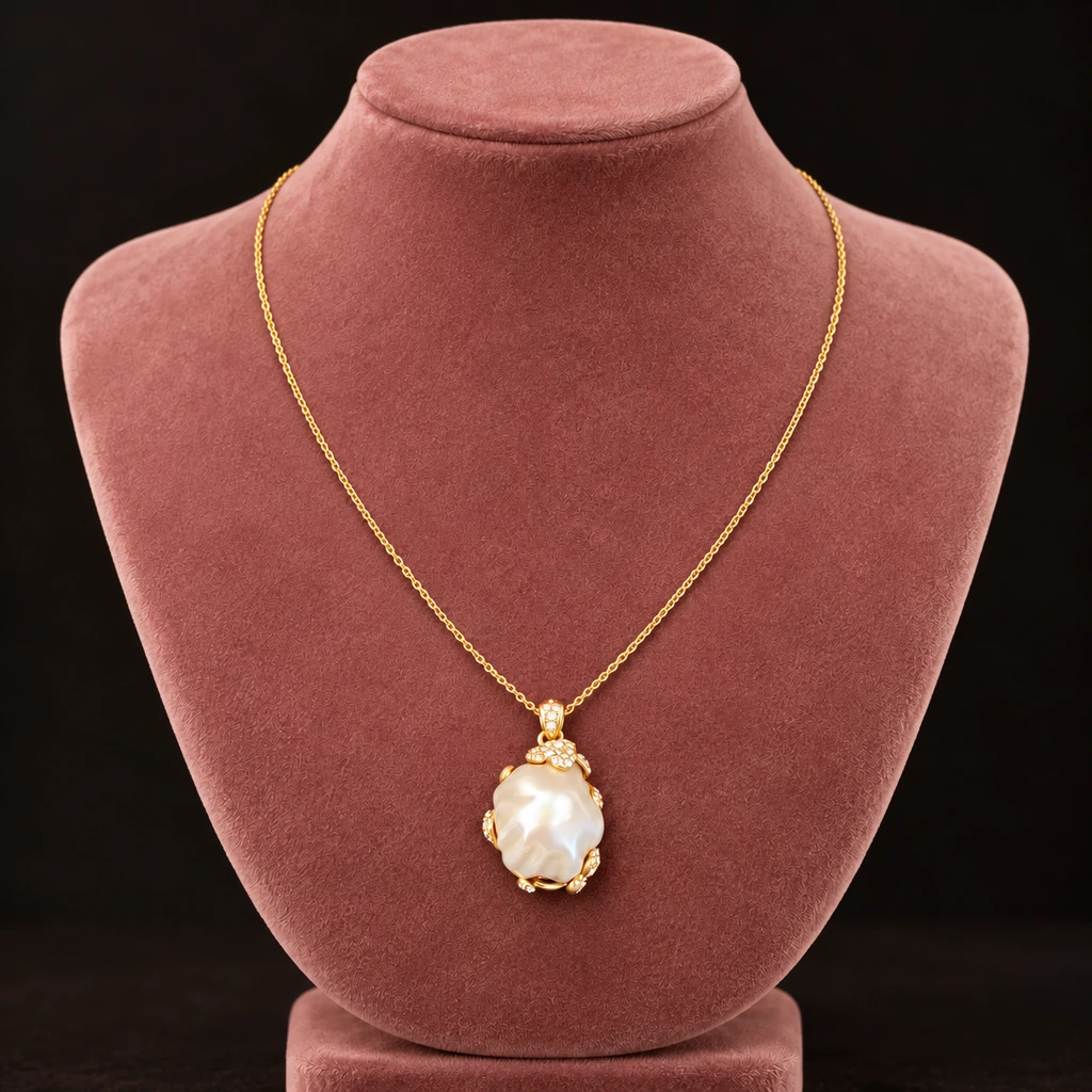 The Florence Necklace on a jewelry display — AI-generated styling preview
