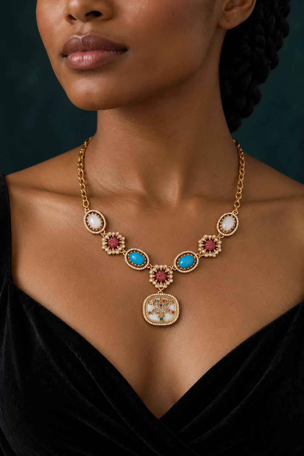 The Capri Necklace worn on a model — AI-generated styling preview