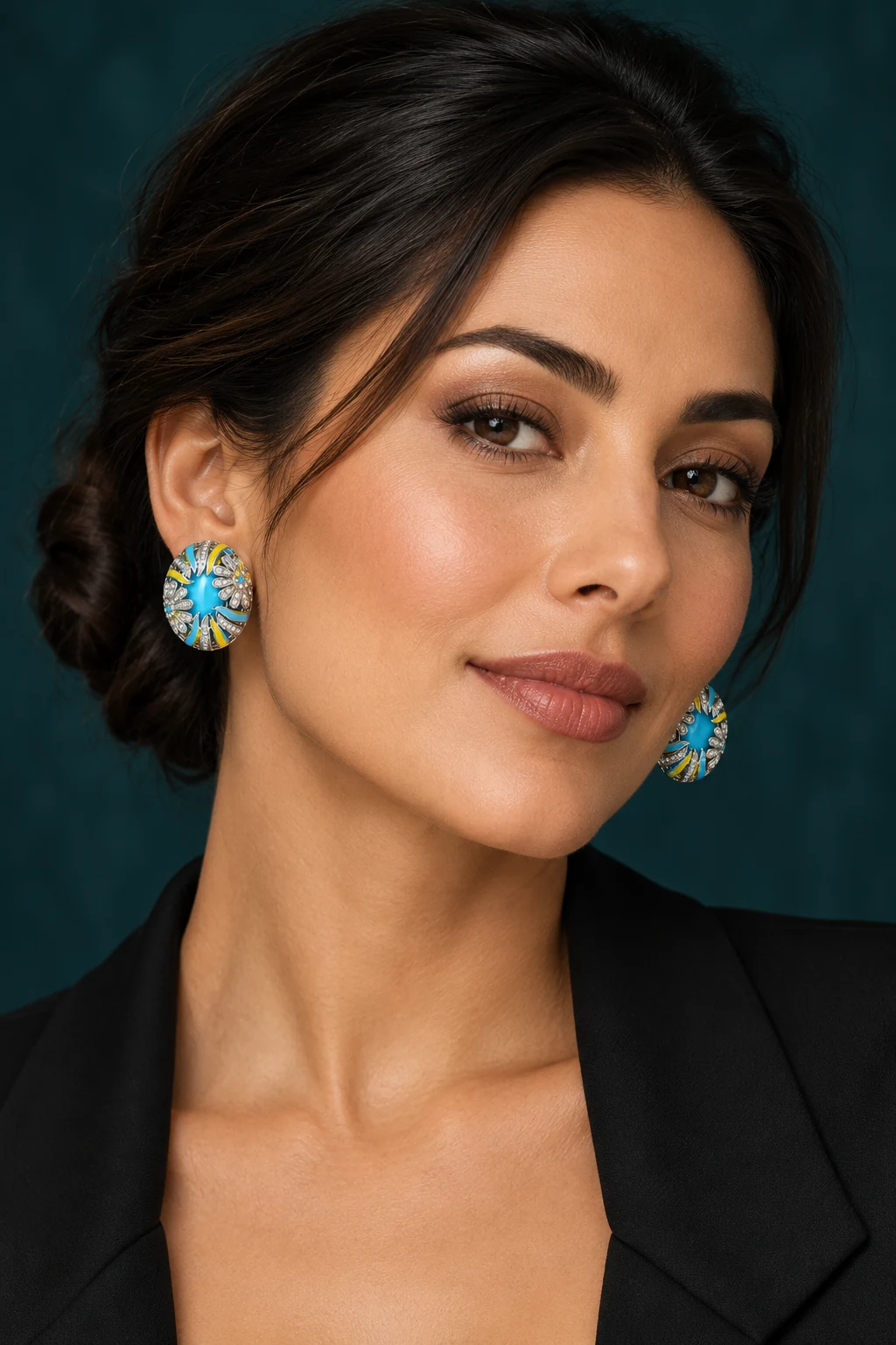 The Valentina Blue Earrings worn on a model — AI-generated styling preview