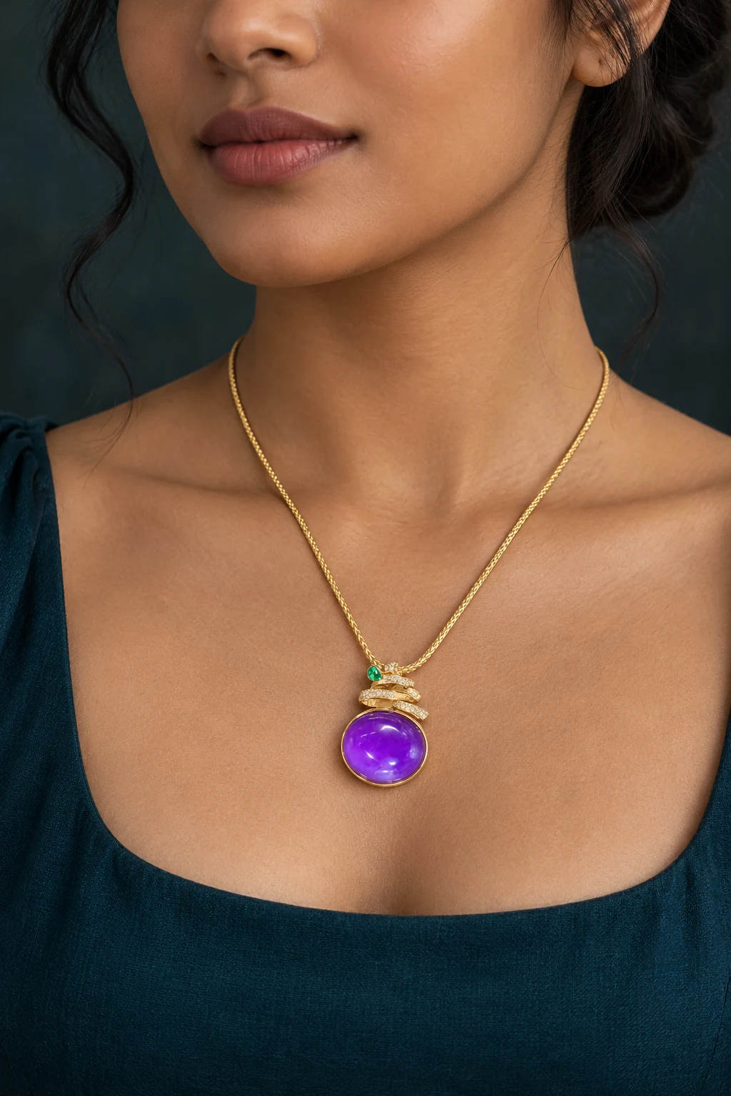 The Arabella Violet Necklace worn on a model — AI-generated styling preview