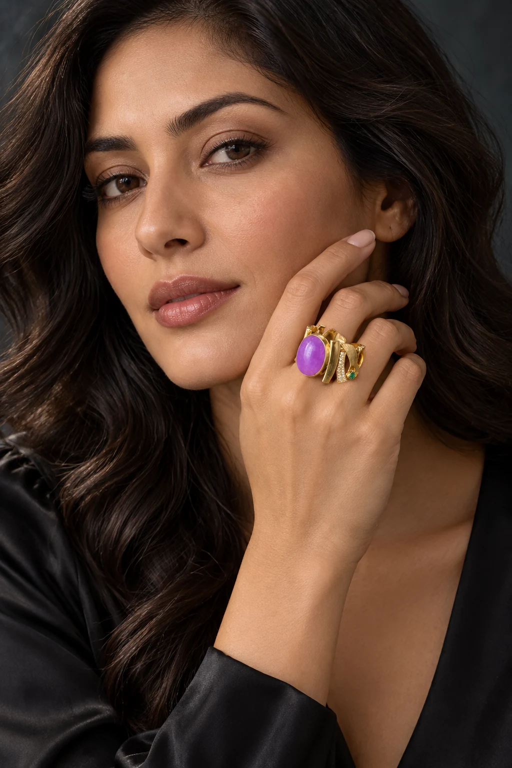 The Arabella Violet Ring worn on a model — AI-generated styling preview