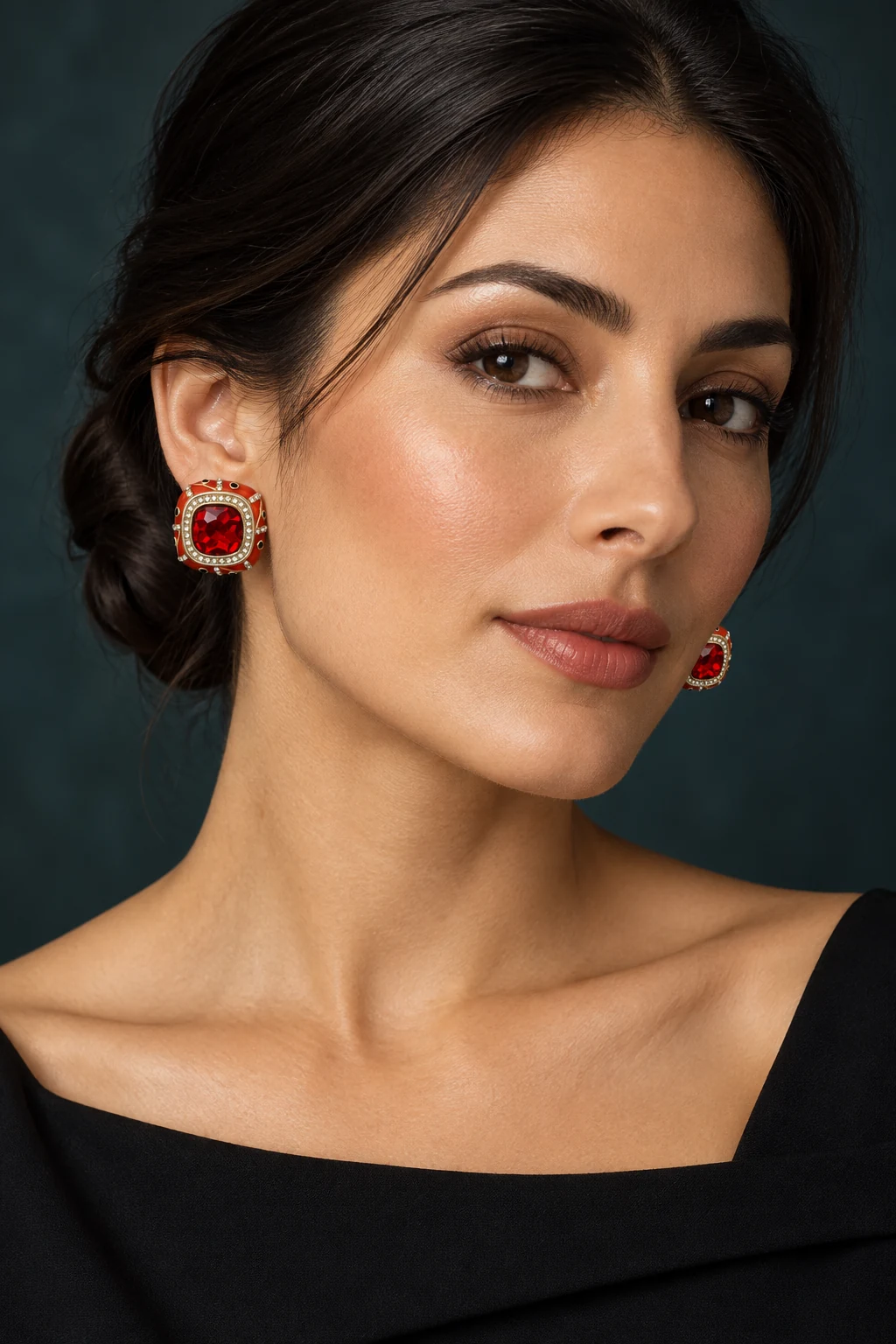 The Fleur de Lys Red Earrings worn on a model — AI-generated styling preview
