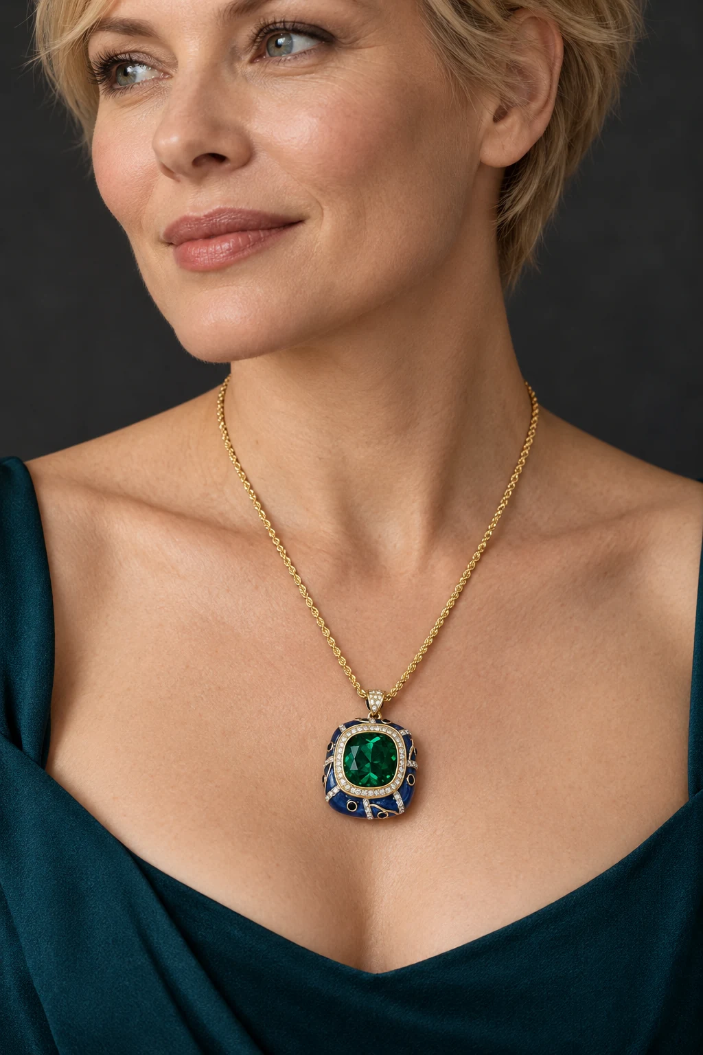 The Fleur de Lys Green Necklace worn on a model — AI-generated styling preview