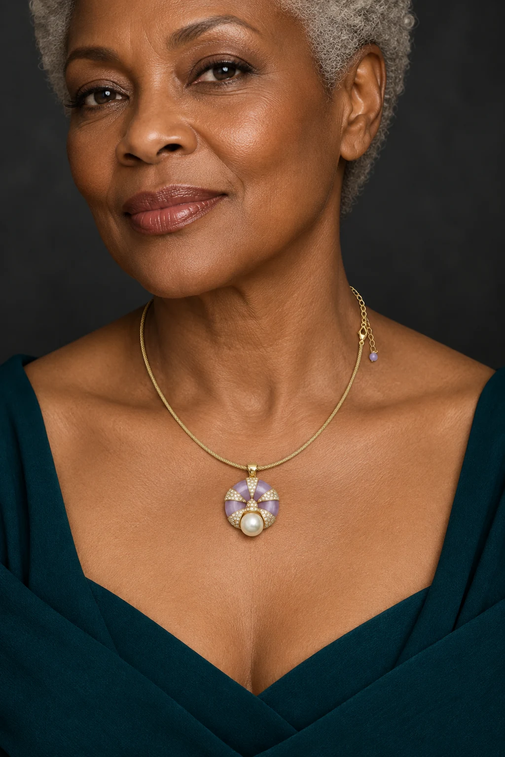 The Golden Reverie Violet Necklace worn on a model — AI-generated styling preview