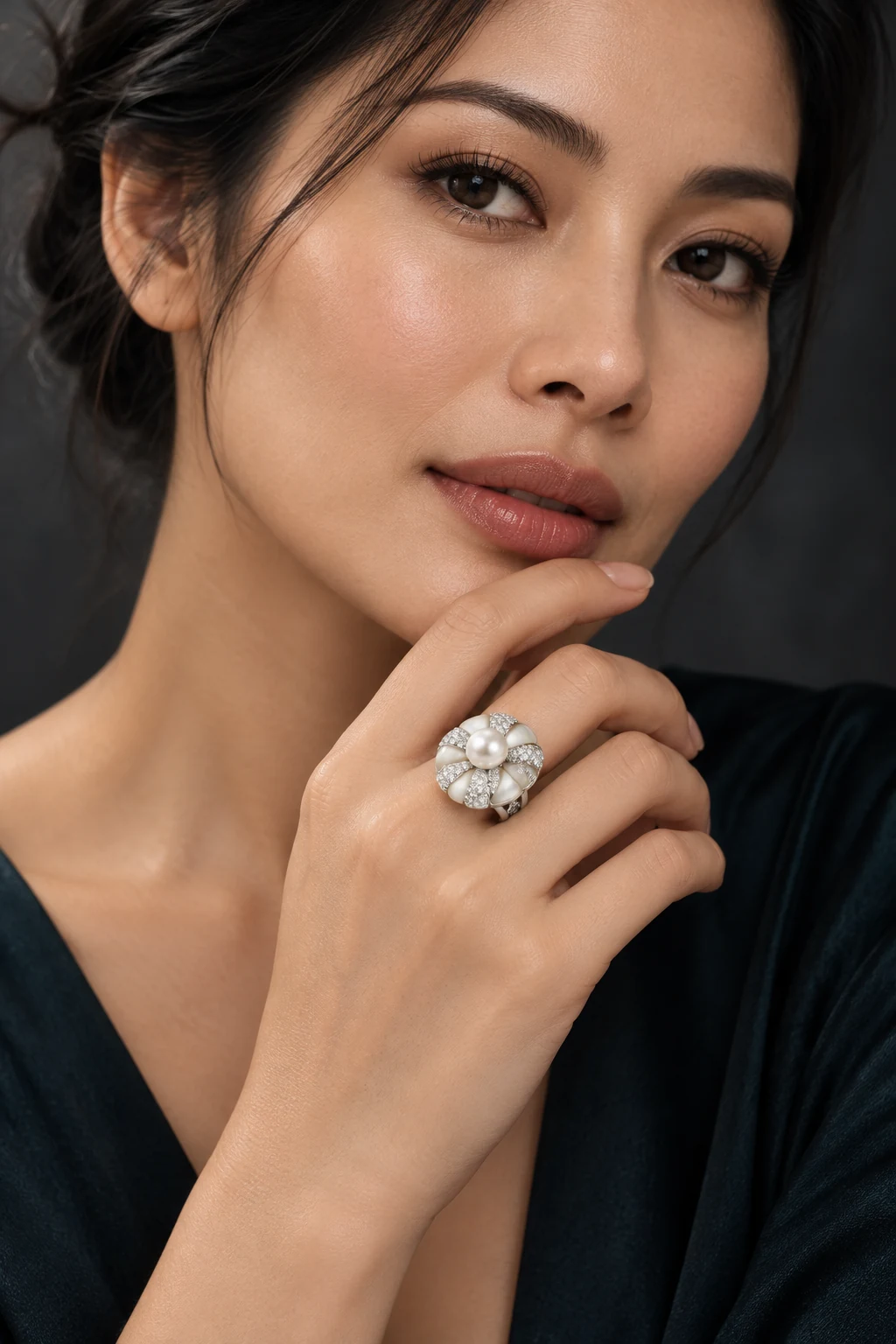 The Golden Reverie White Ring worn on a model — AI-generated styling preview