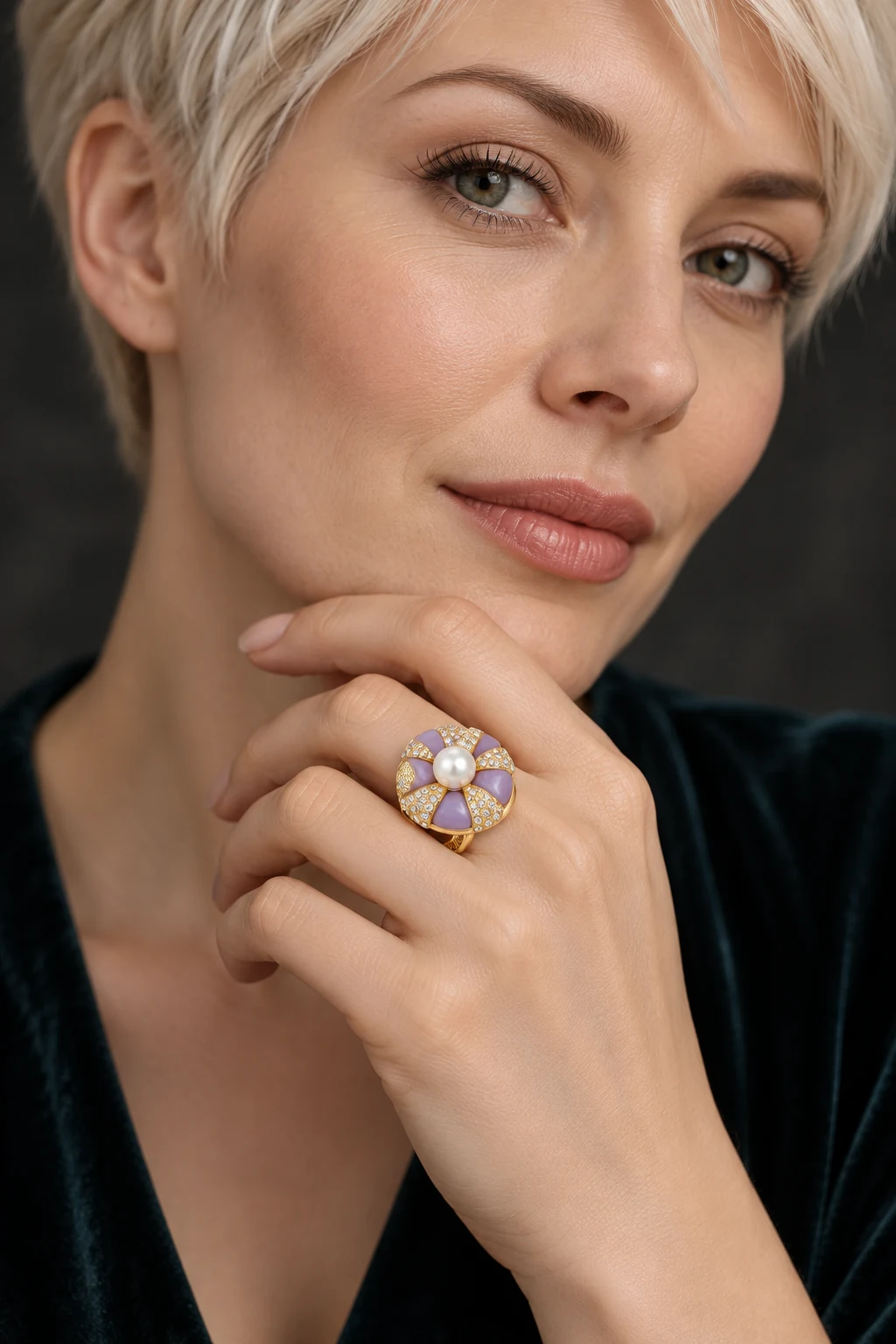 The Golden Reverie Violet Ring worn on a model — AI-generated styling preview
