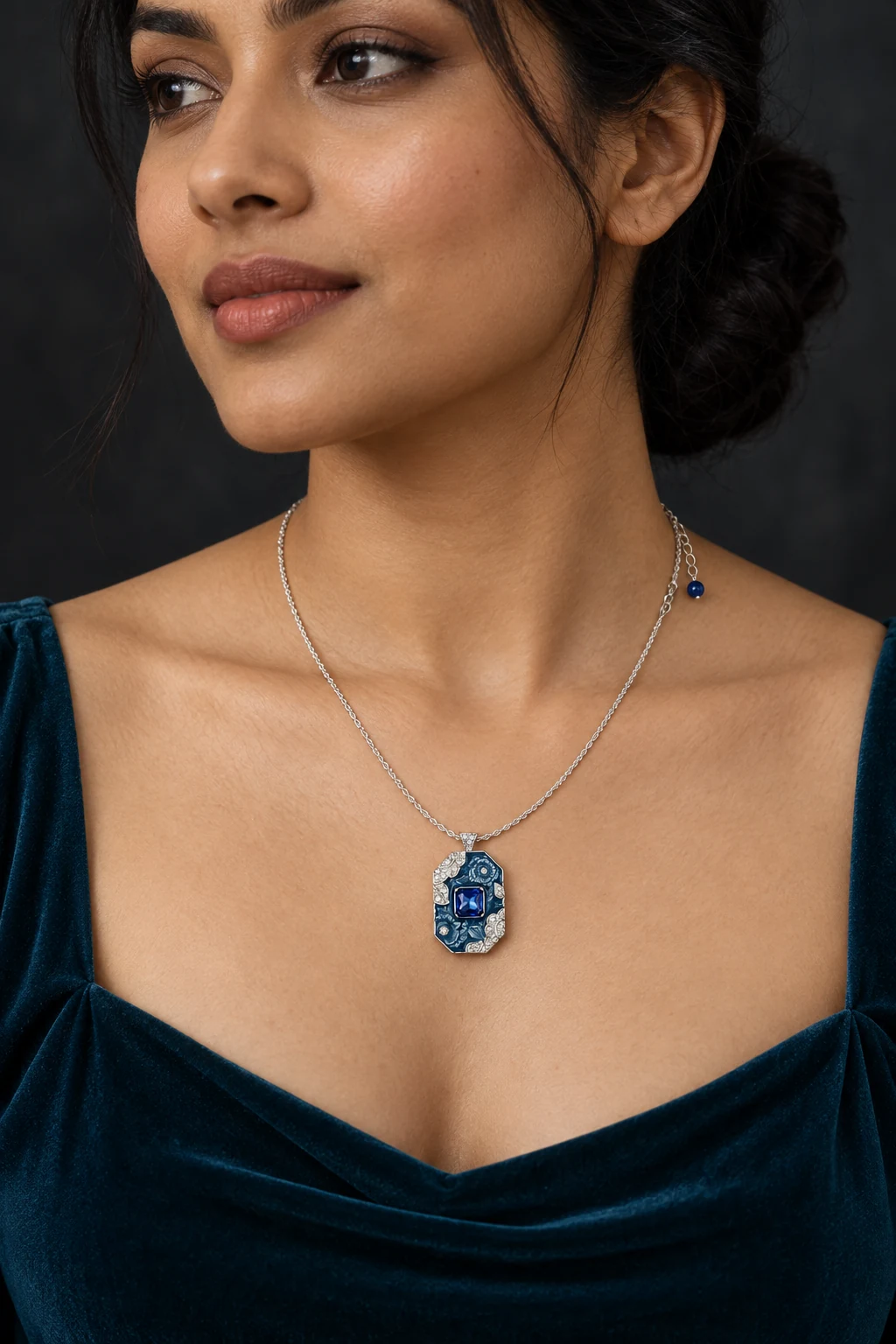 The Jardin Secret Blue Necklace worn on a model — AI-generated styling preview
