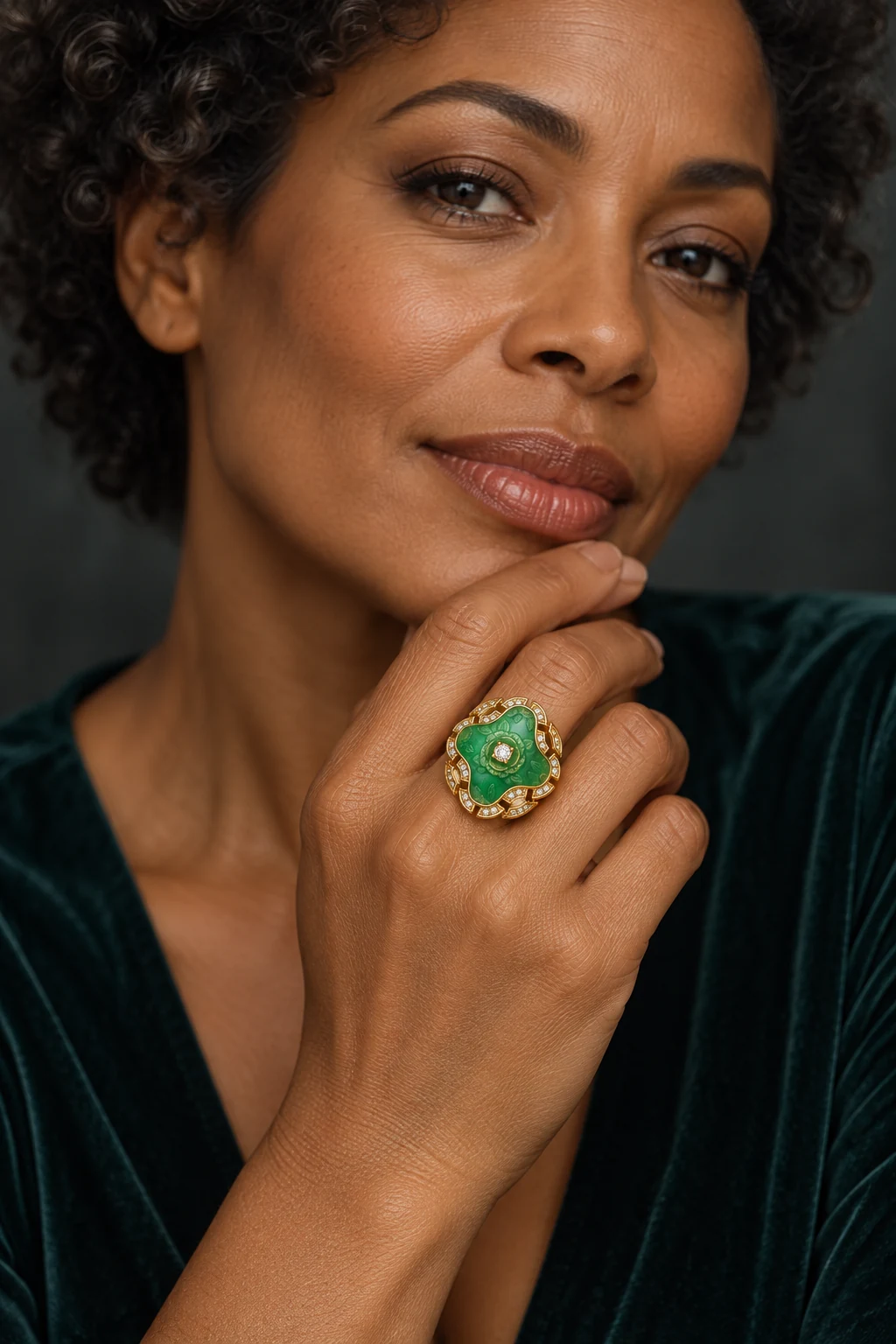 The Jardin Secret Green Ring worn on a model — AI-generated styling preview