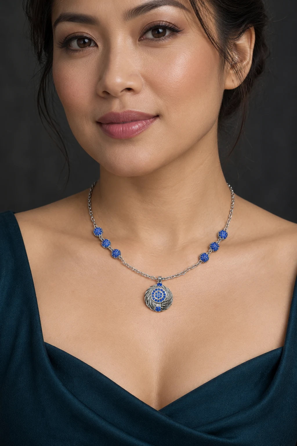 The Marguerite Blue Necklace worn on a model — AI-generated styling preview