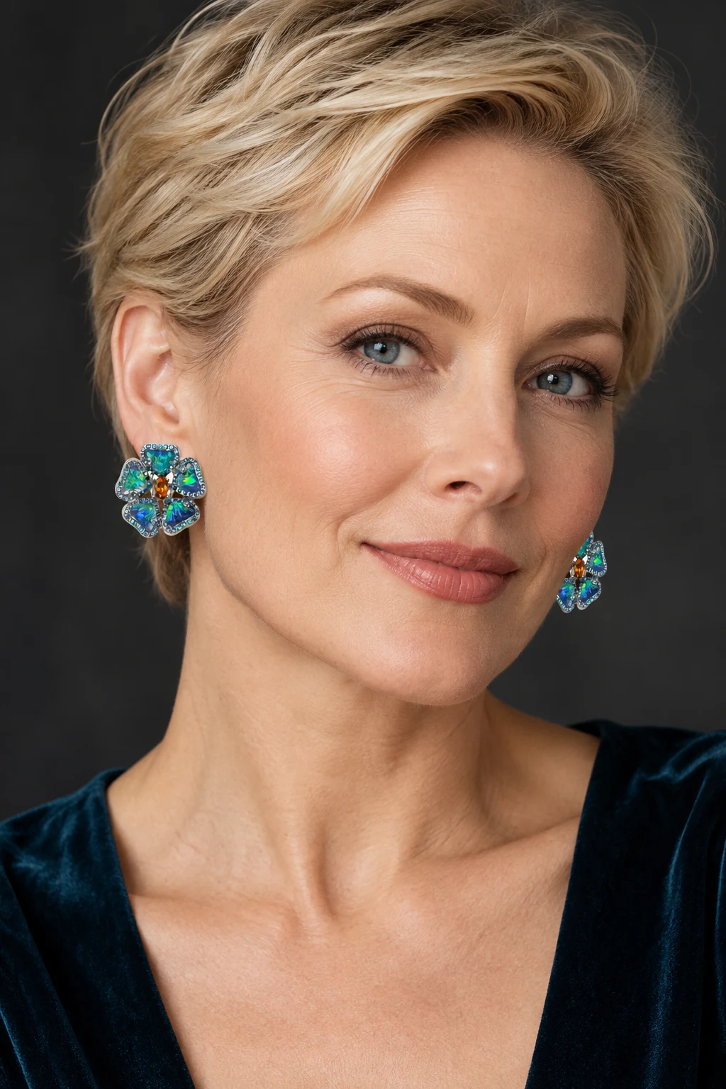 The Violette Blue Earrings worn on a model — AI-generated styling preview