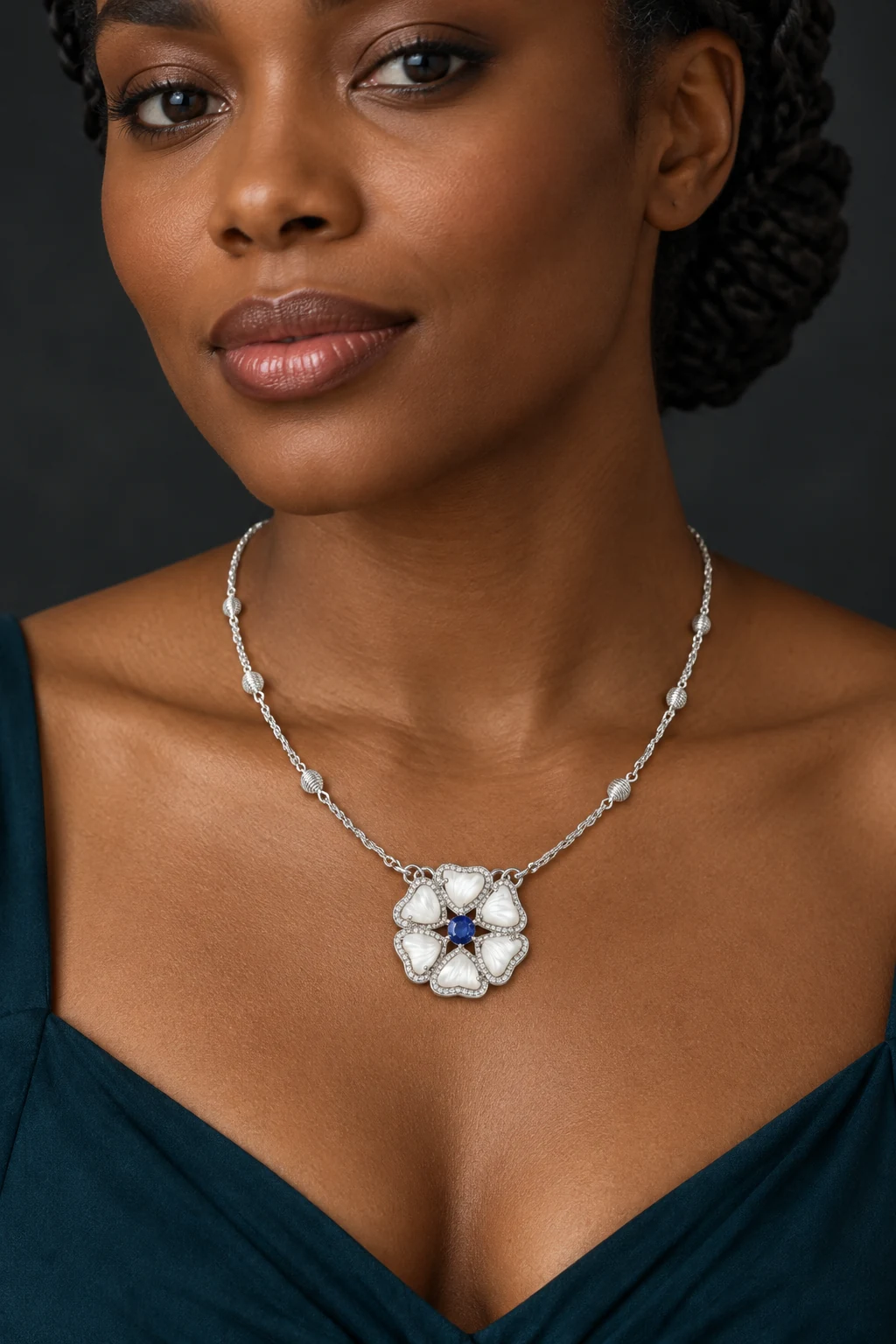 The Violette White Necklace worn on a model — AI-generated styling preview