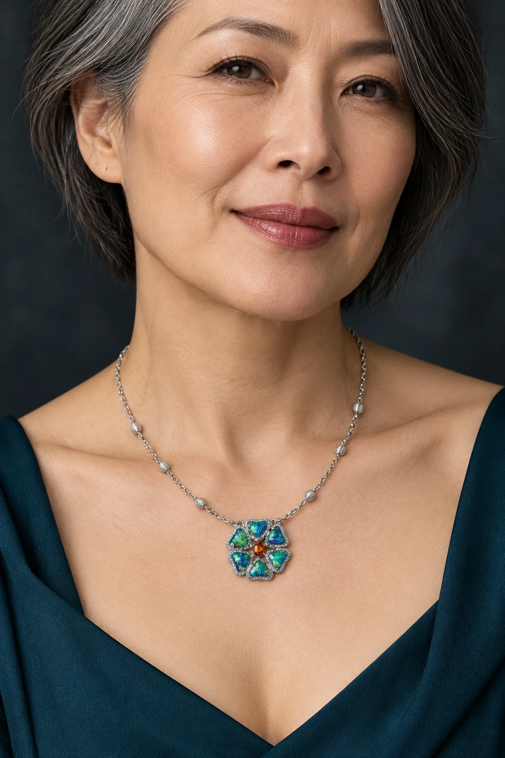 The Violette Blue Necklace worn on a model — AI-generated styling preview