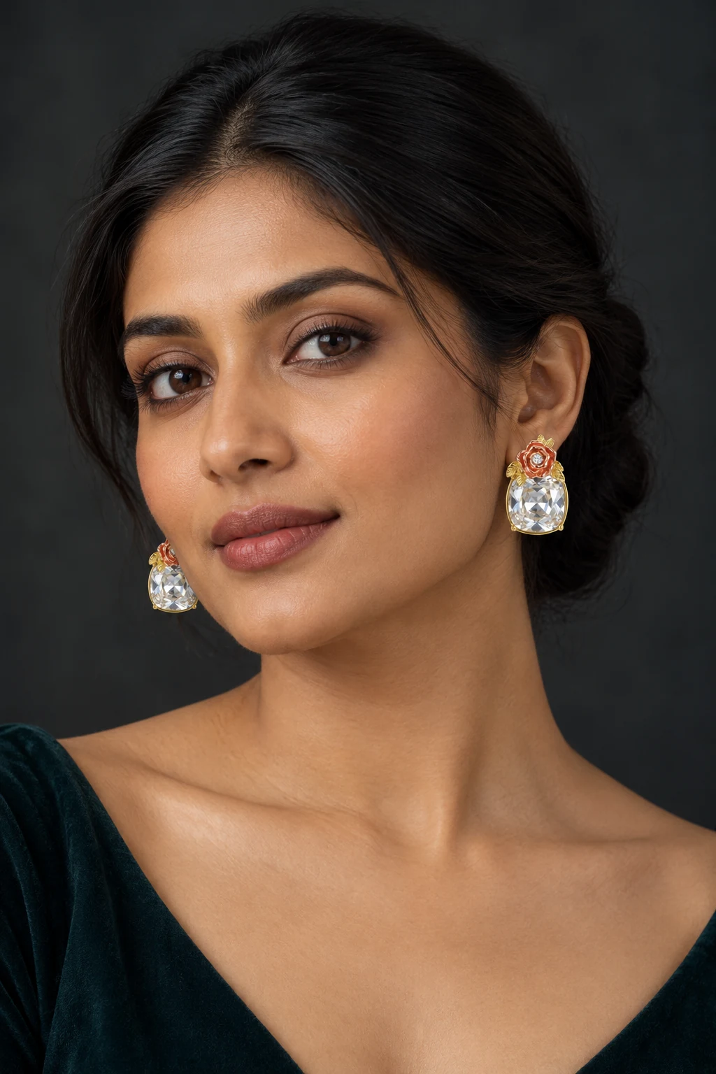 The Geneviève Earrings worn on a model — AI-generated styling preview