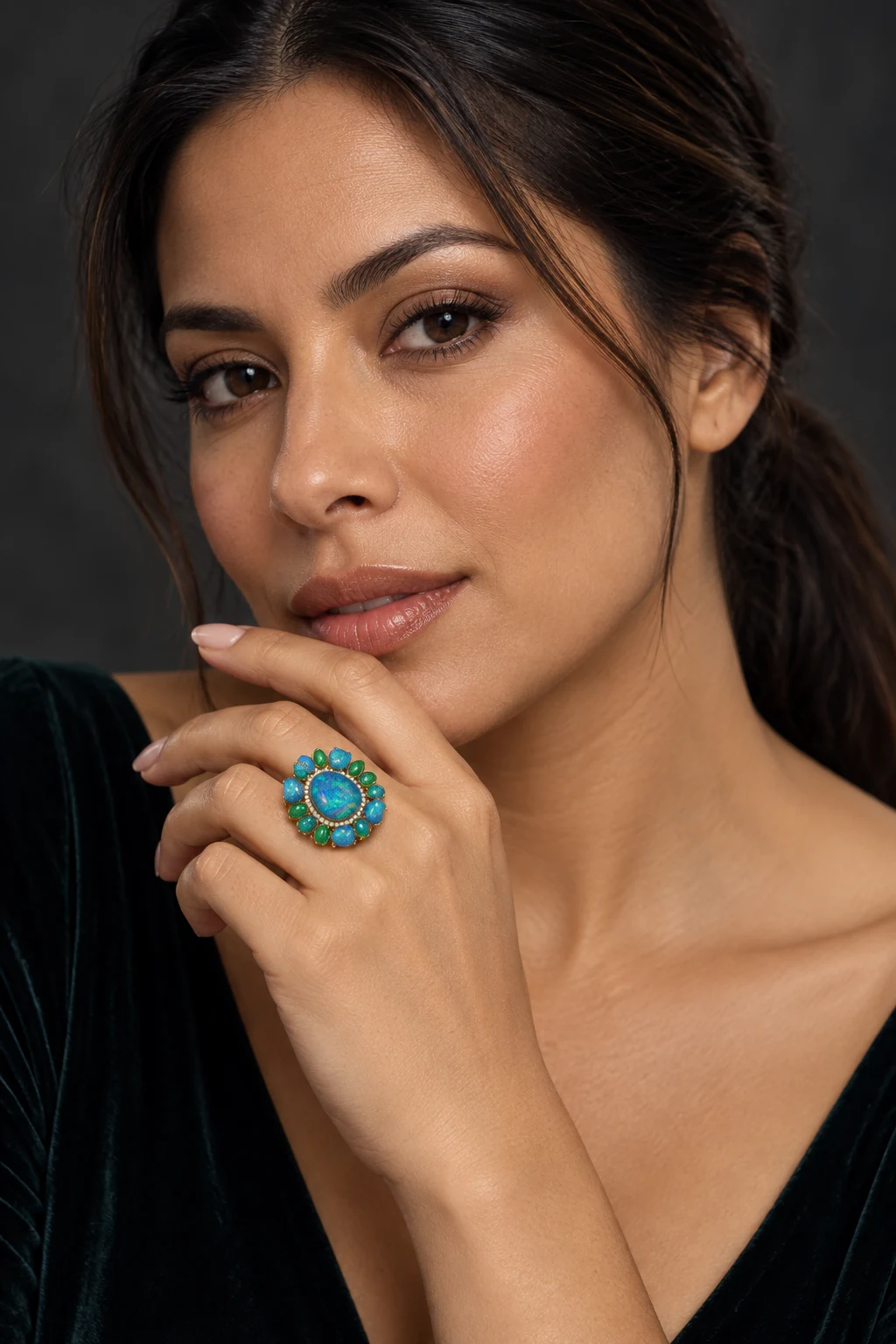 The Rosaline Ring worn on a model — AI-generated styling preview