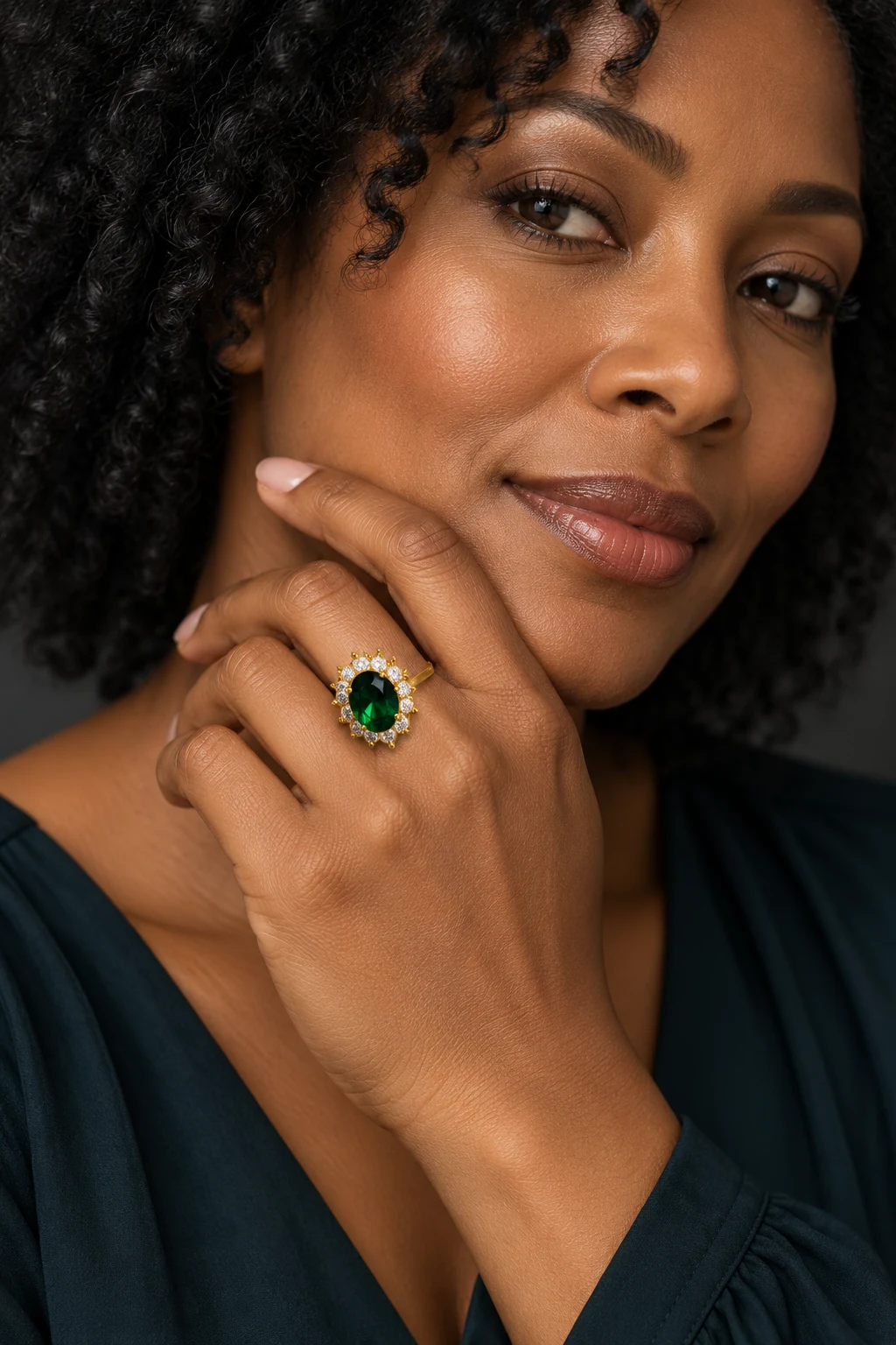 The Laure Rhapsody Green Ring worn on a model — AI-generated styling preview