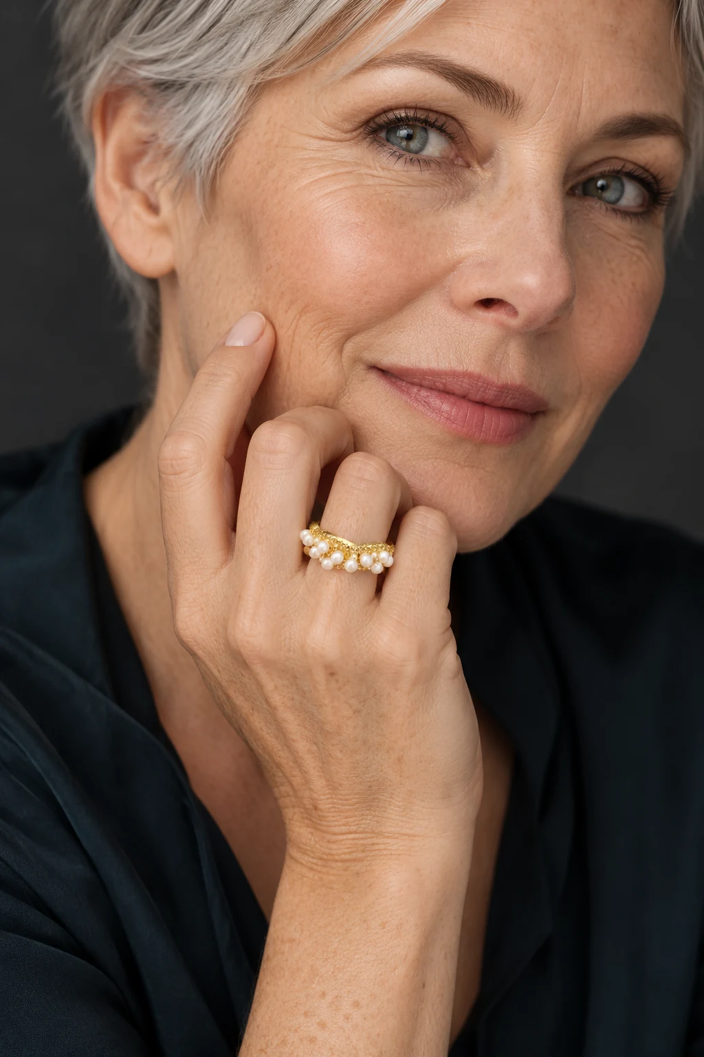 The Mélisande Poème Ring worn on a model — AI-generated styling preview