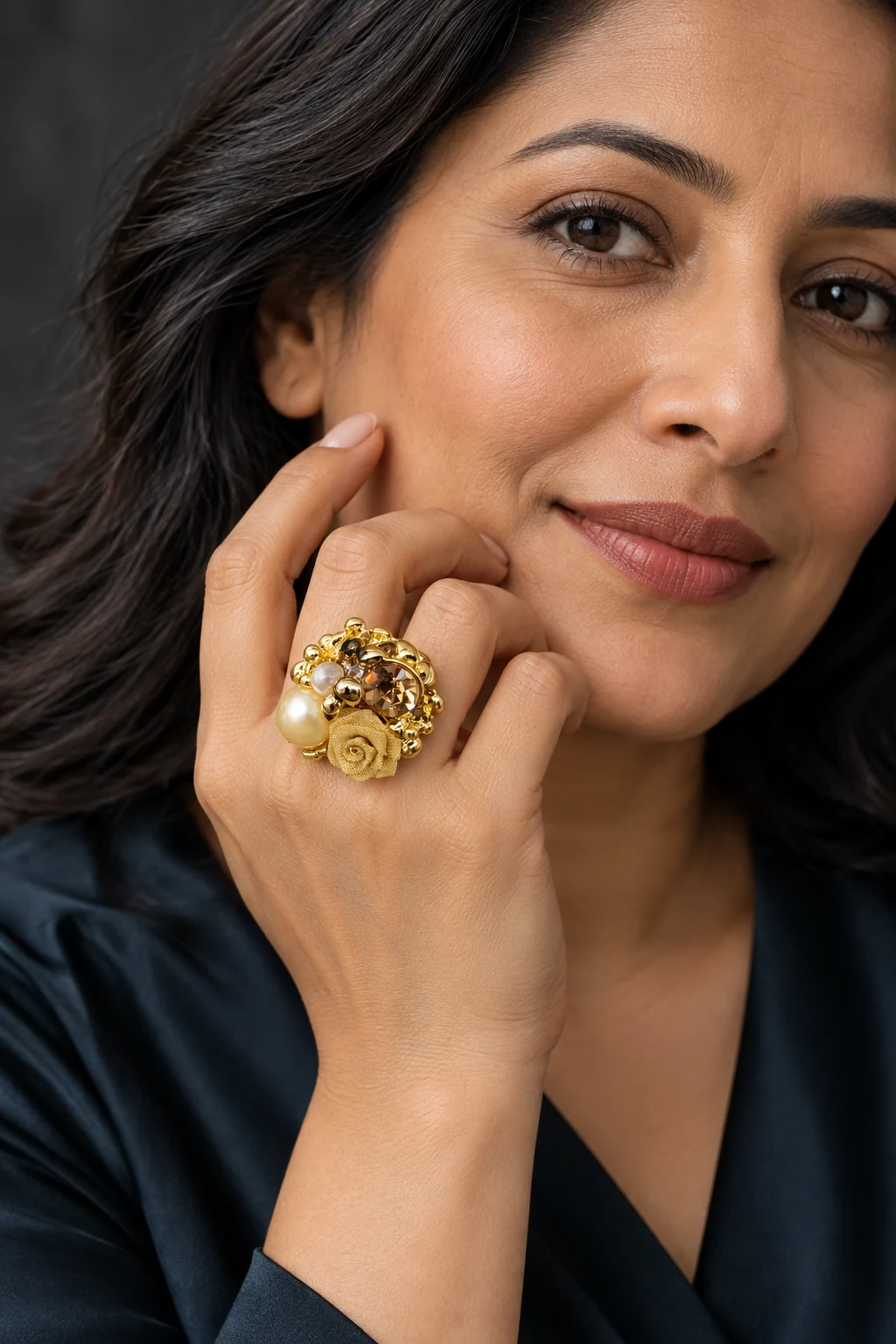 The Margot Arabesque Ring worn on a model — AI-generated styling preview