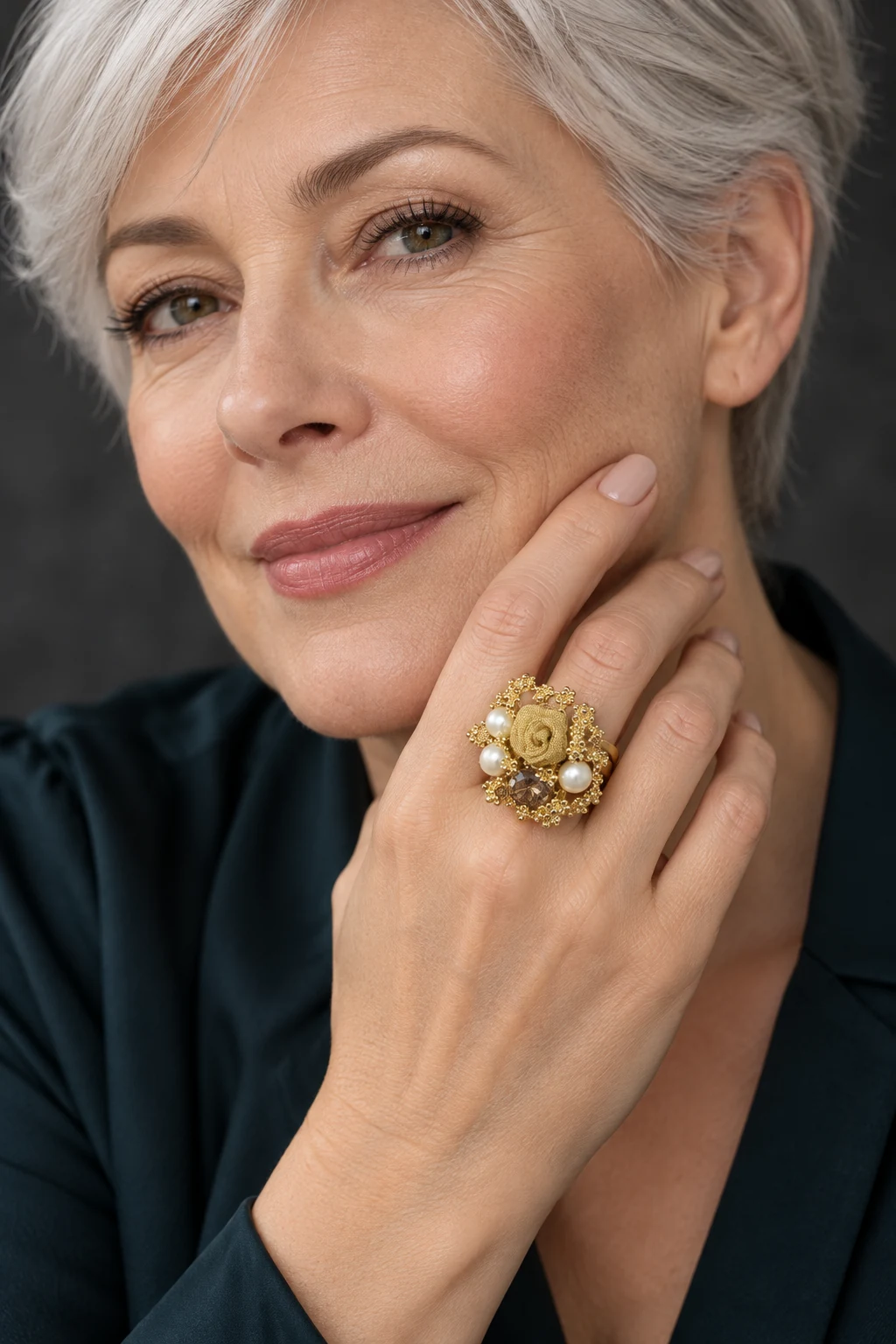 The Margot Arabesque Ring worn on a model — AI-generated styling preview
