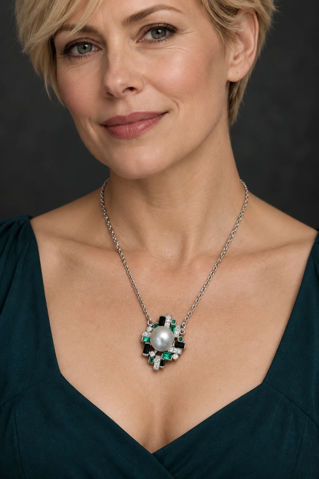 The Delphine Silver-Tone Necklace worn on a model — AI-generated styling preview