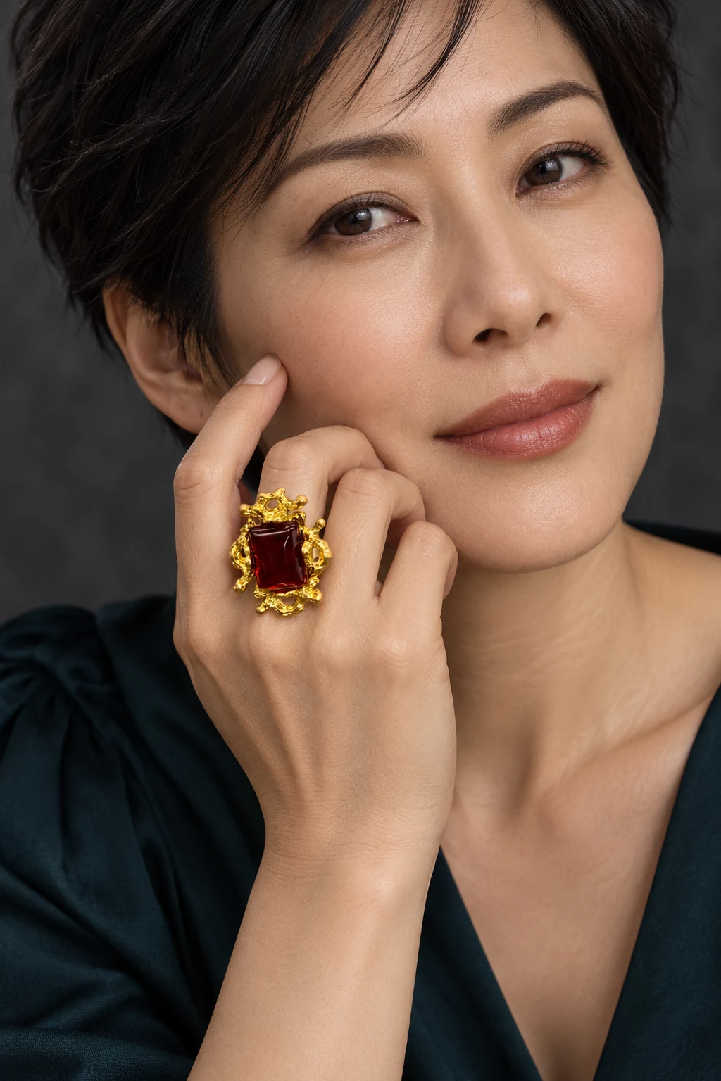 The Marie Nocturne Ring worn on a model — AI-generated styling preview
