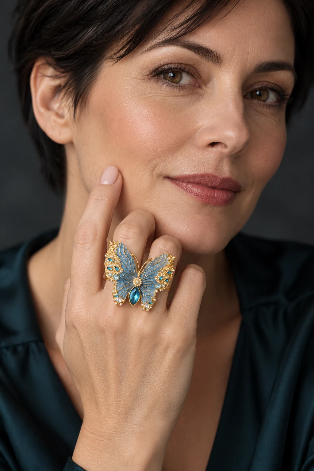 The Camille Rhapsody Blue Ring worn on a model — AI-generated styling preview