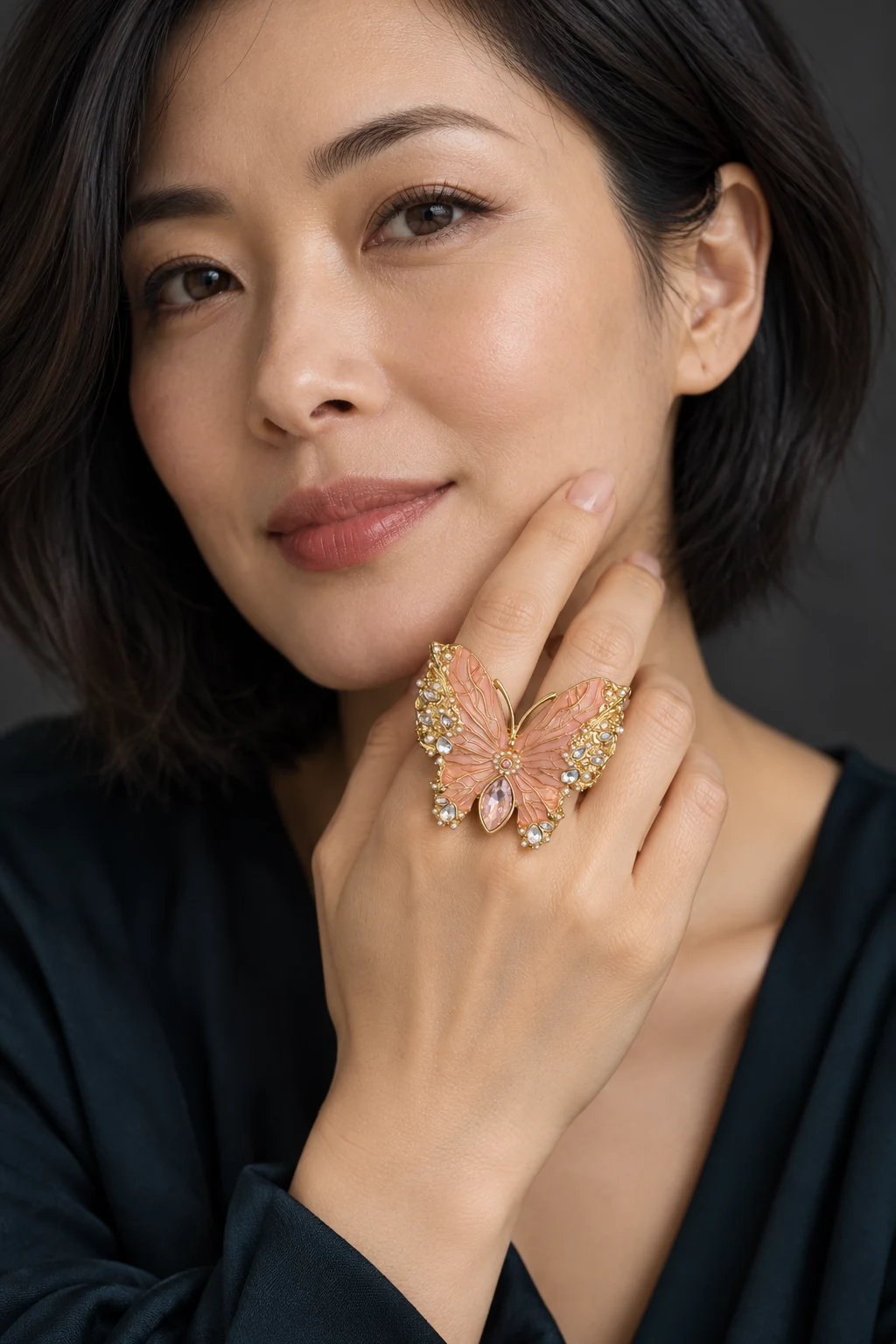 The Camille Rhapsody Pink Ring worn on a model — AI-generated styling preview