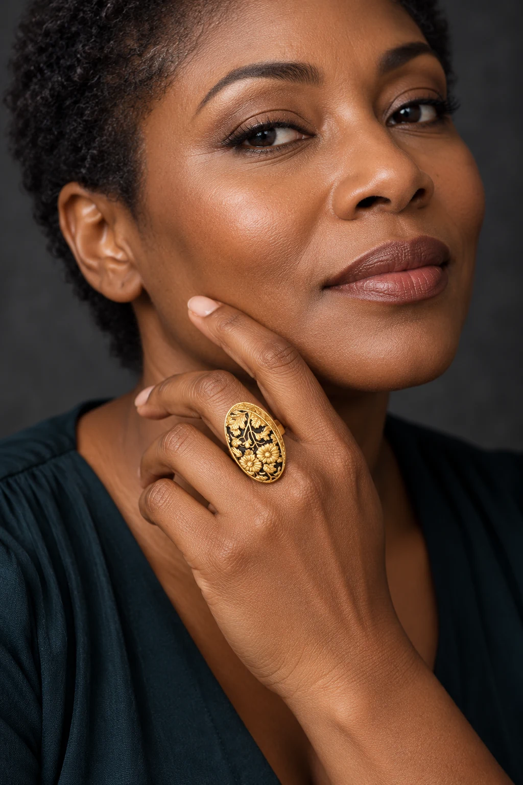 The Isadora Arabesque Ring worn on a model — AI-generated styling preview