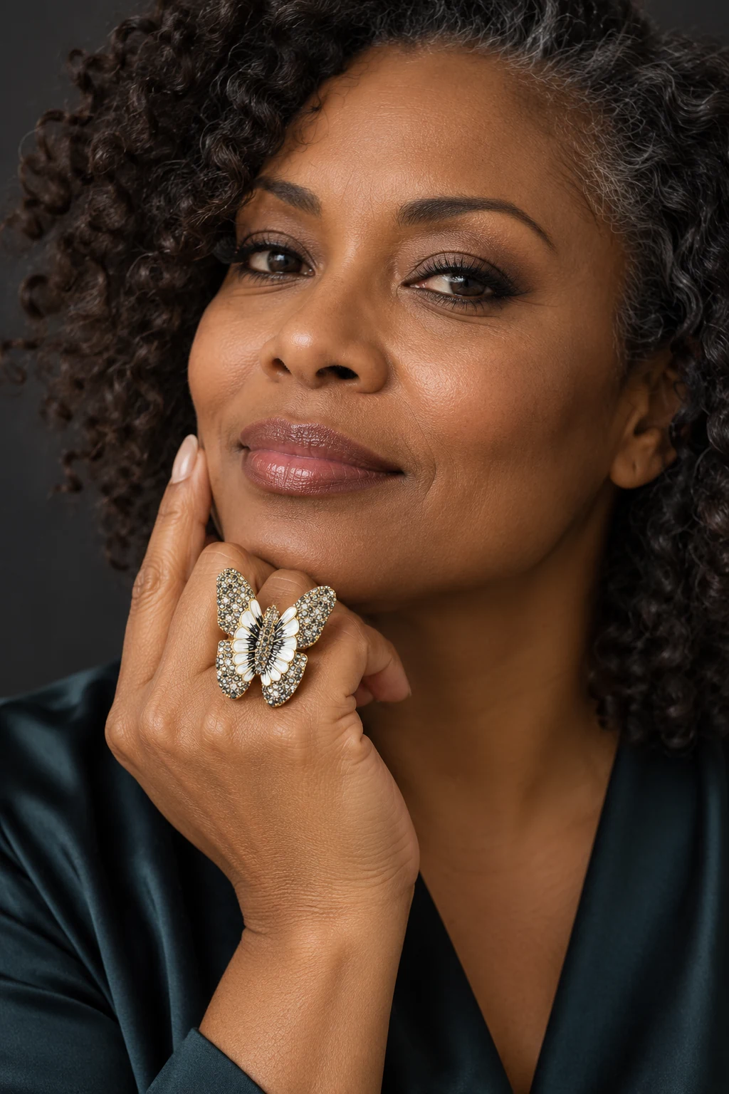 The Adrienne Sonnet Ring worn on a model — AI-generated styling preview