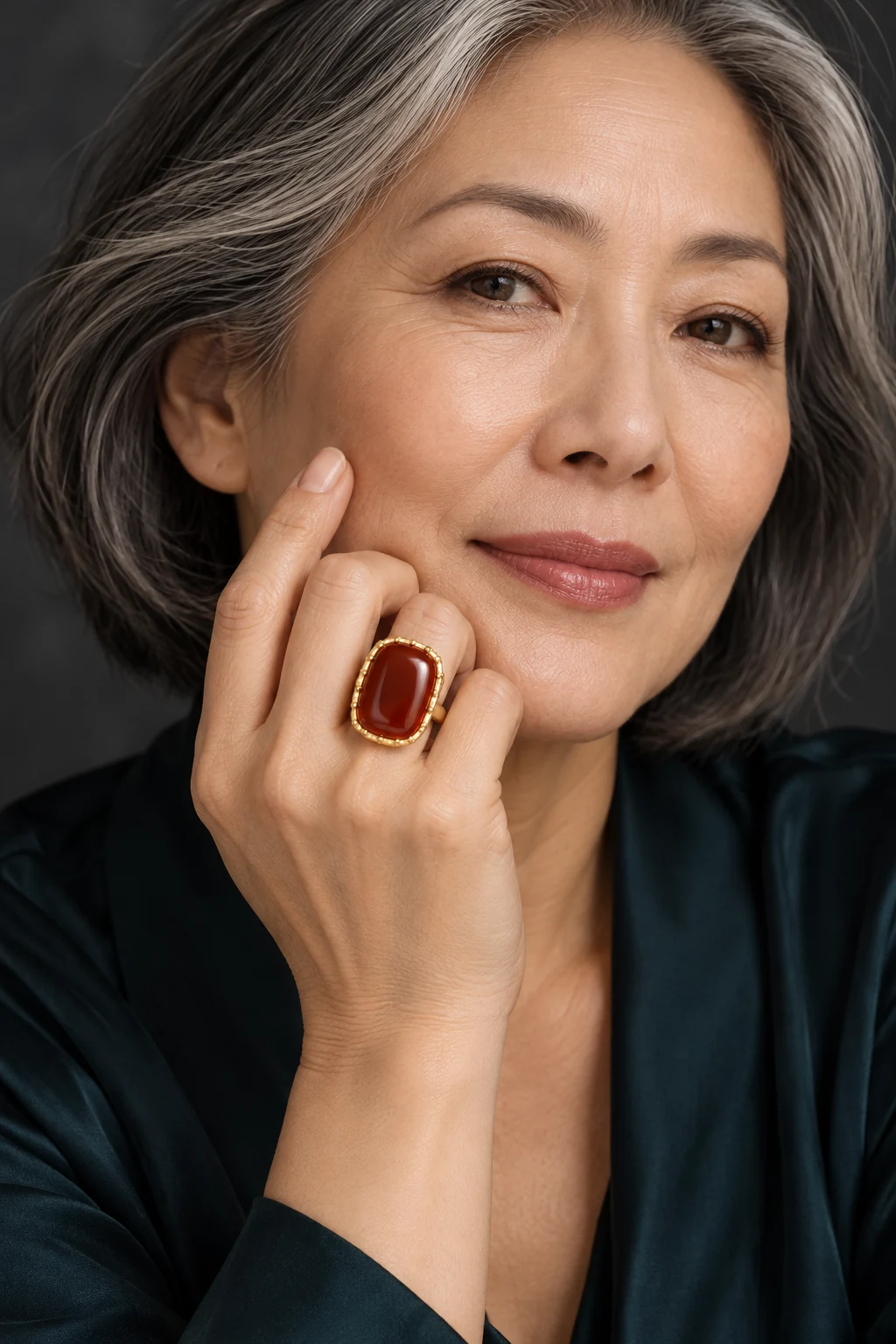 The Amandine Sonnet Ring worn on a model — AI-generated styling preview