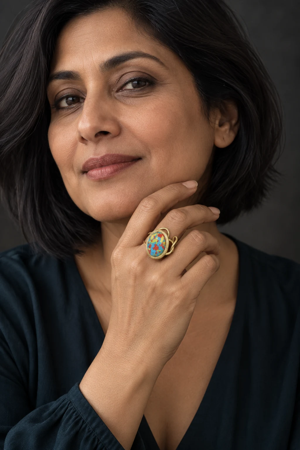 The Dahlia Reverie Ring worn on a model — AI-generated styling preview