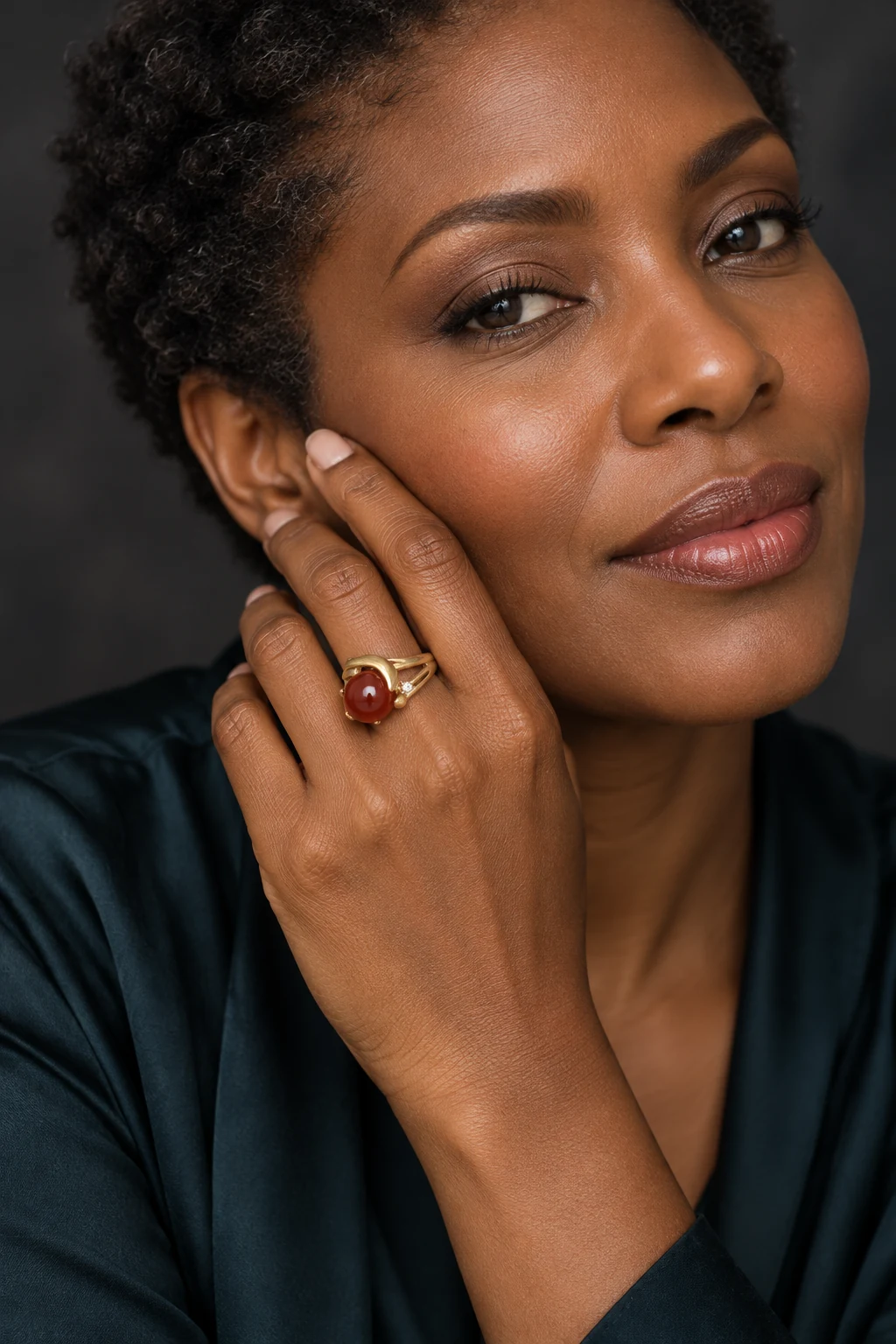 The Inès Muse Red Ring worn on a model — AI-generated styling preview