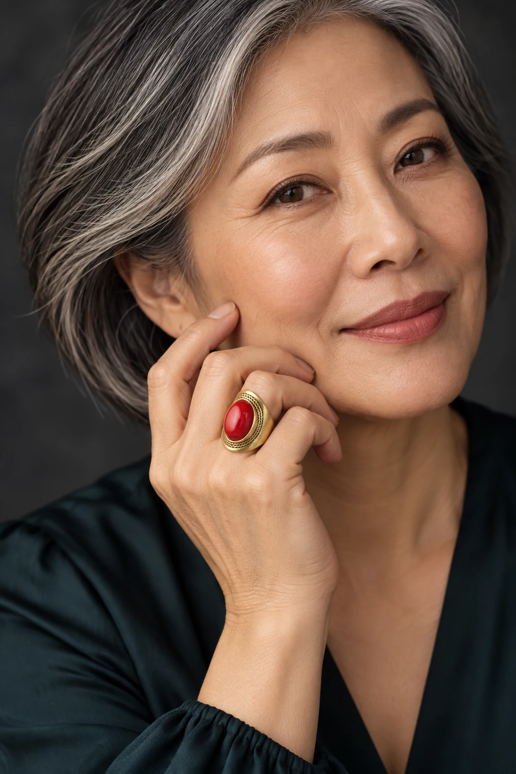 The Félicie Nocturne Red Ring worn on a model — AI-generated styling preview