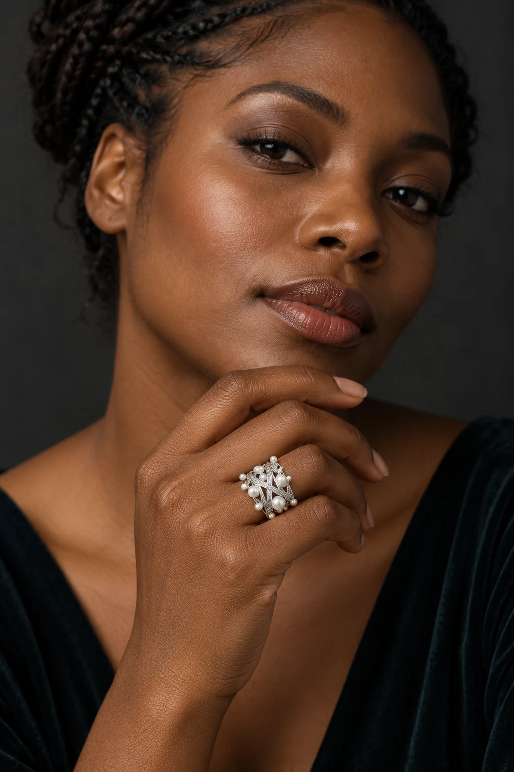 The Émilie Sonnet Ring worn on a model — AI-generated styling preview