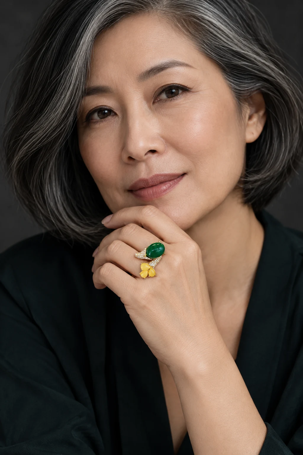 The Apolline Poème Green Ring worn on a model — AI-generated styling preview