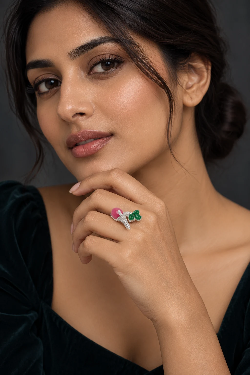 The Apolline Poème Violet Ring worn on a model — AI-generated styling preview