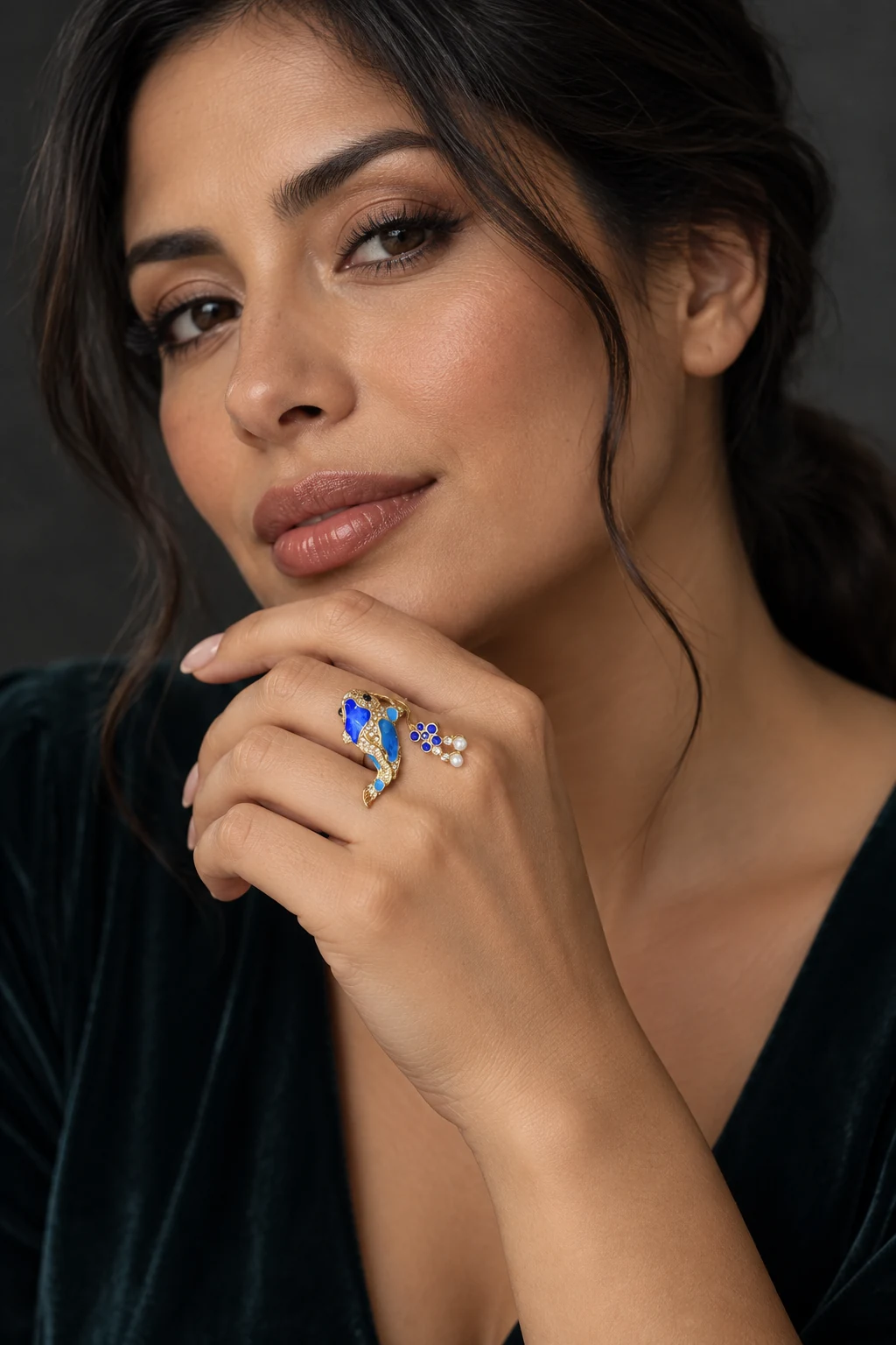 The Apolline Éclat Blue Ring worn on a model — AI-generated styling preview