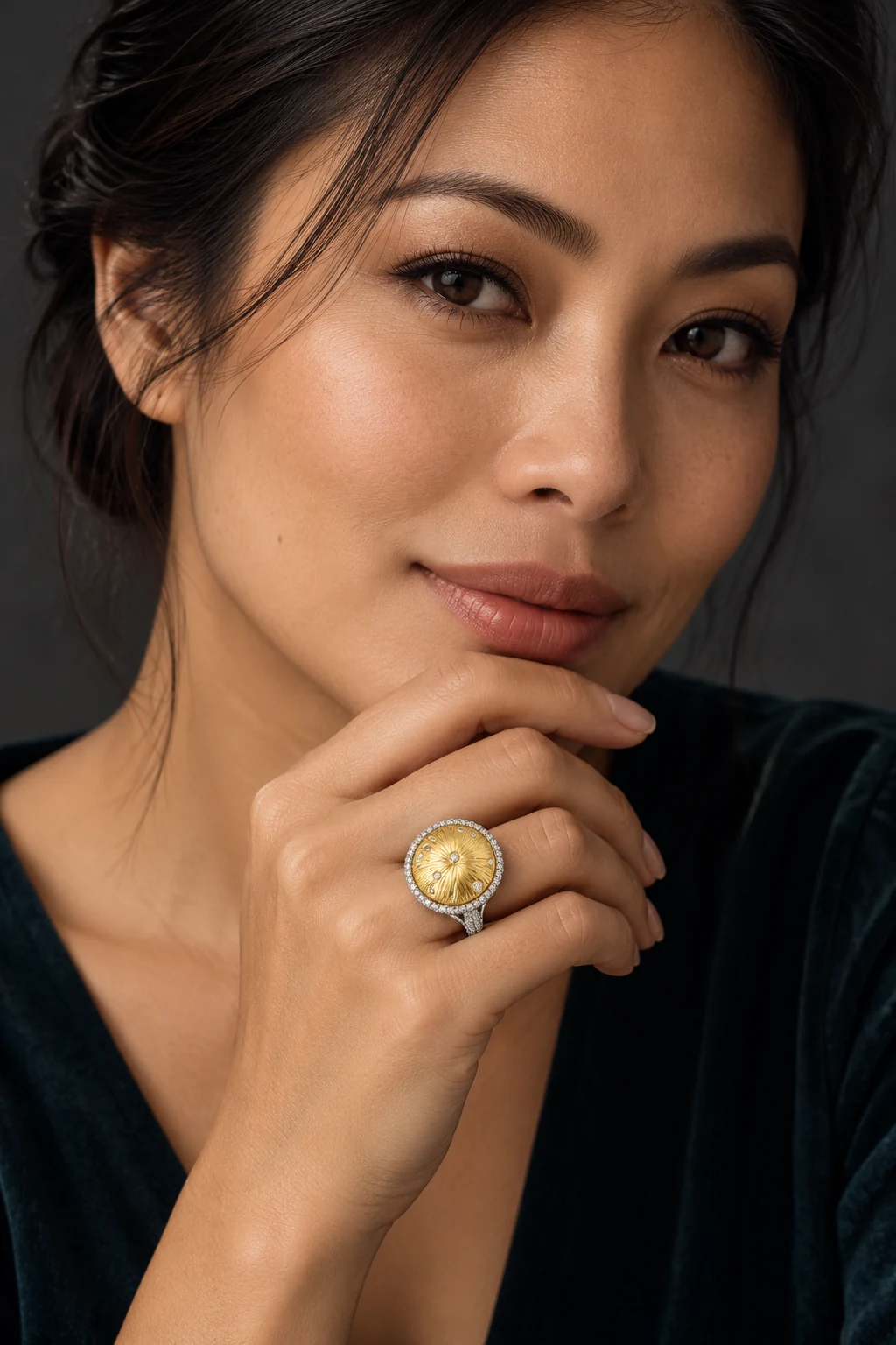 The Éveline Arabesque Ring worn on a model — AI-generated styling preview
