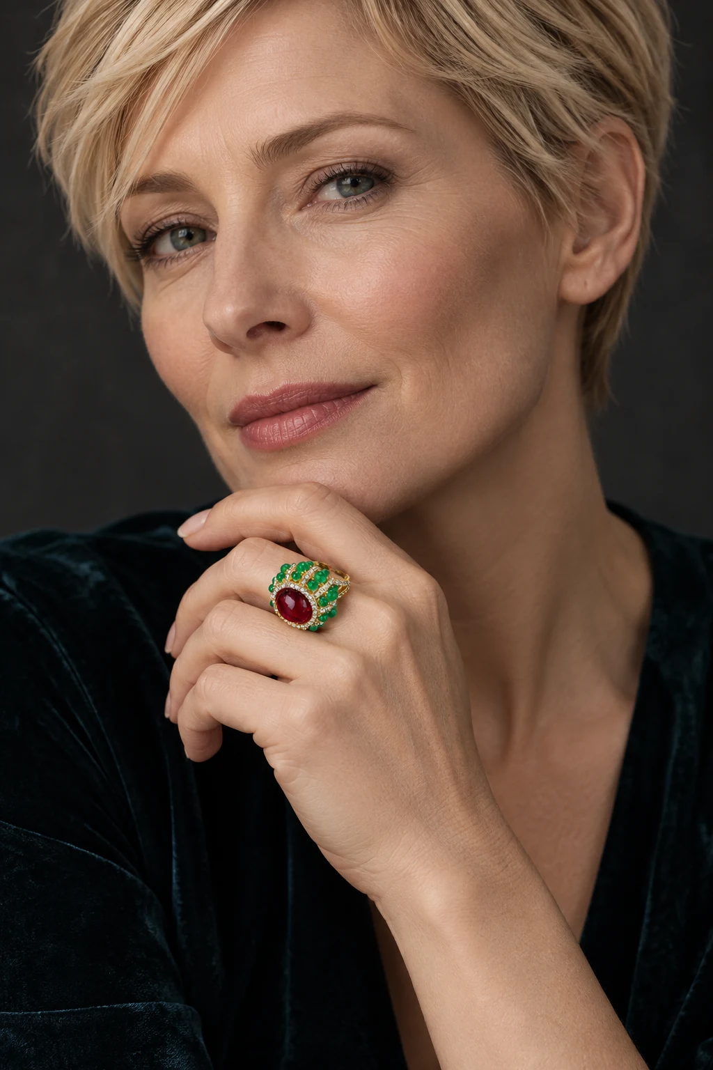 The Virginie Promenade Green Ring worn on a model — AI-generated styling preview