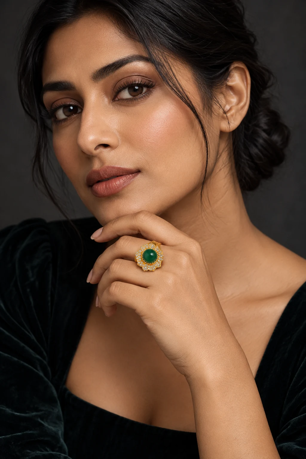 The Coralie Fable Green Ring worn on a model — AI-generated styling preview