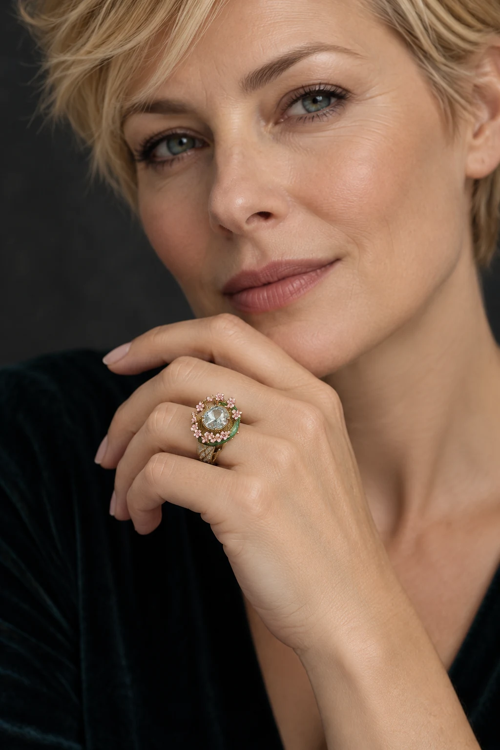 The Camille Serenade Ring worn on a model — AI-generated styling preview