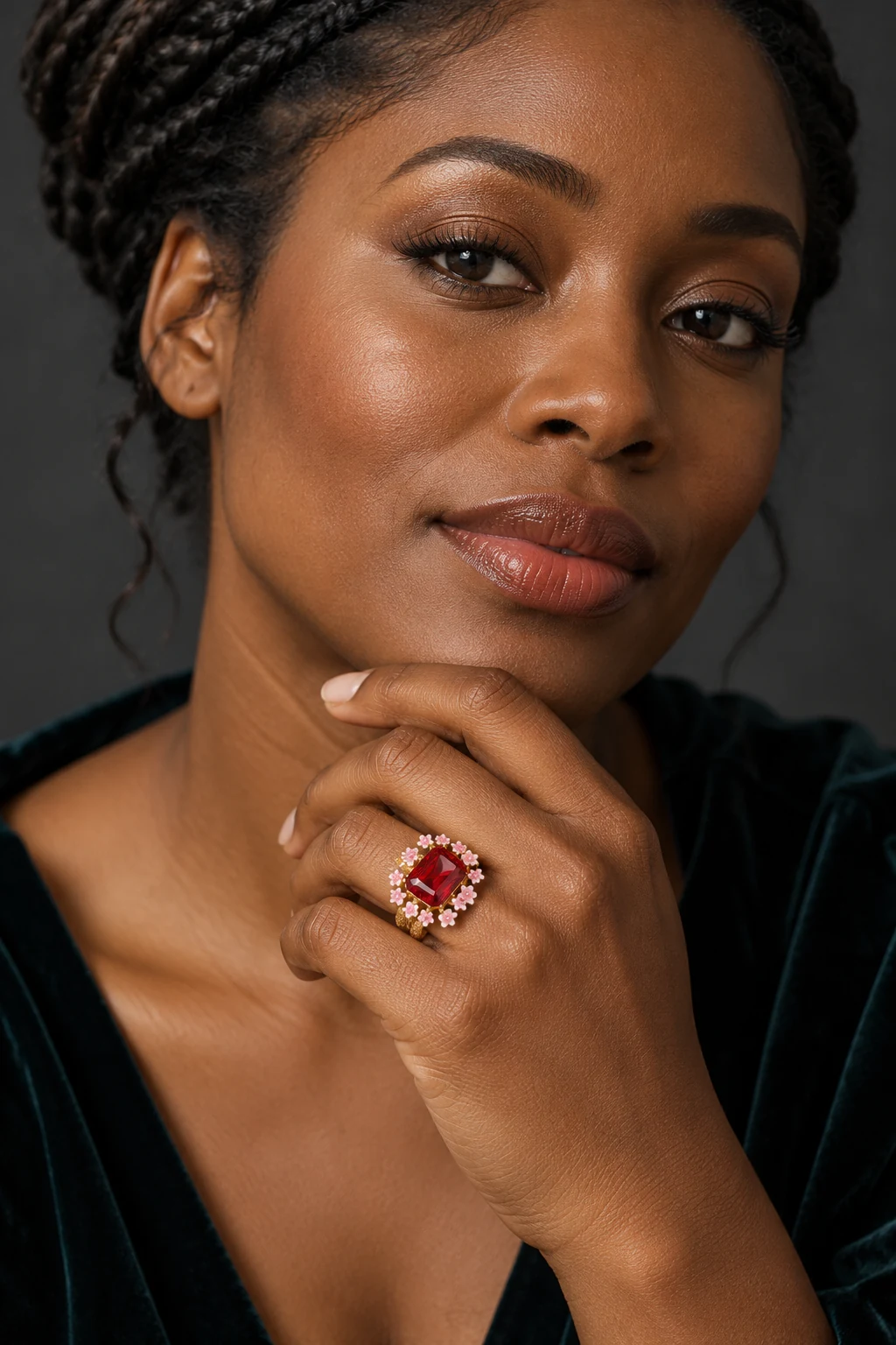 The Camille Serenade Ring worn on a model — AI-generated styling preview