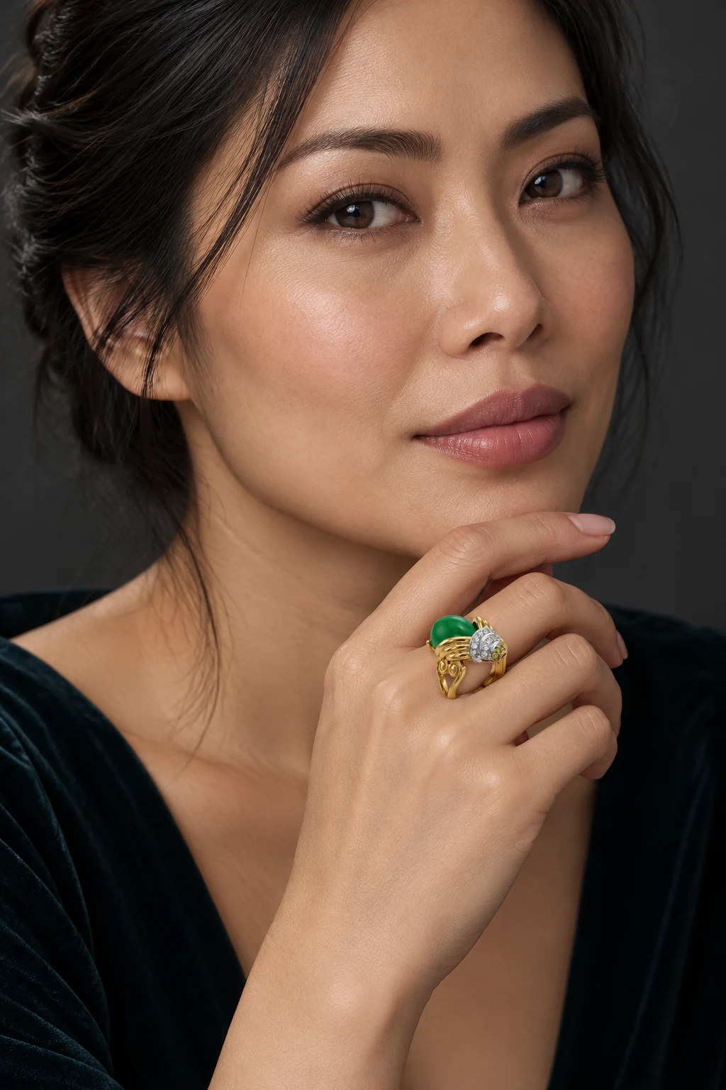 The Mélanie Poème Green Ring worn on a model — AI-generated styling preview
