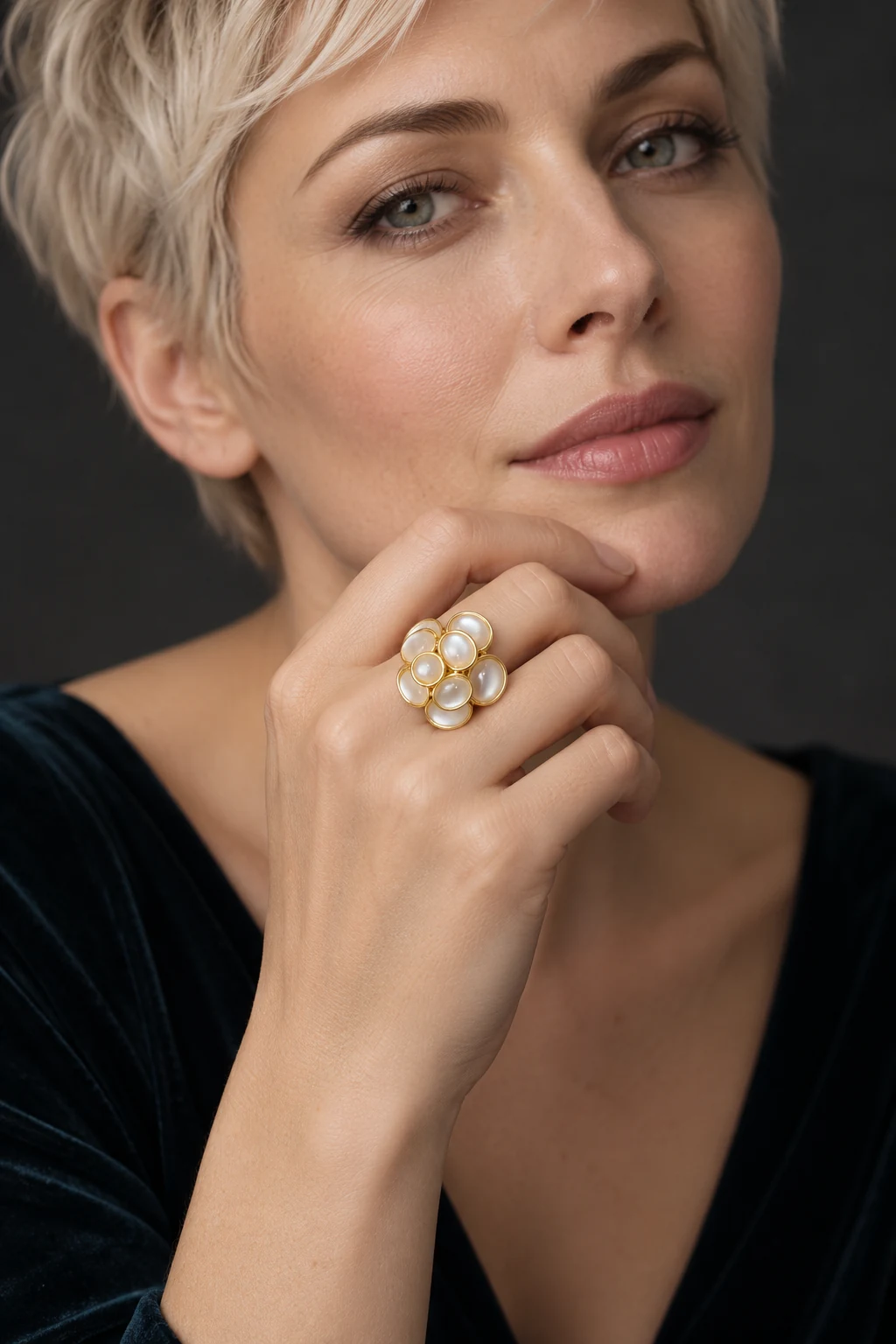 The Camélia Ring worn on a model — AI-generated styling preview