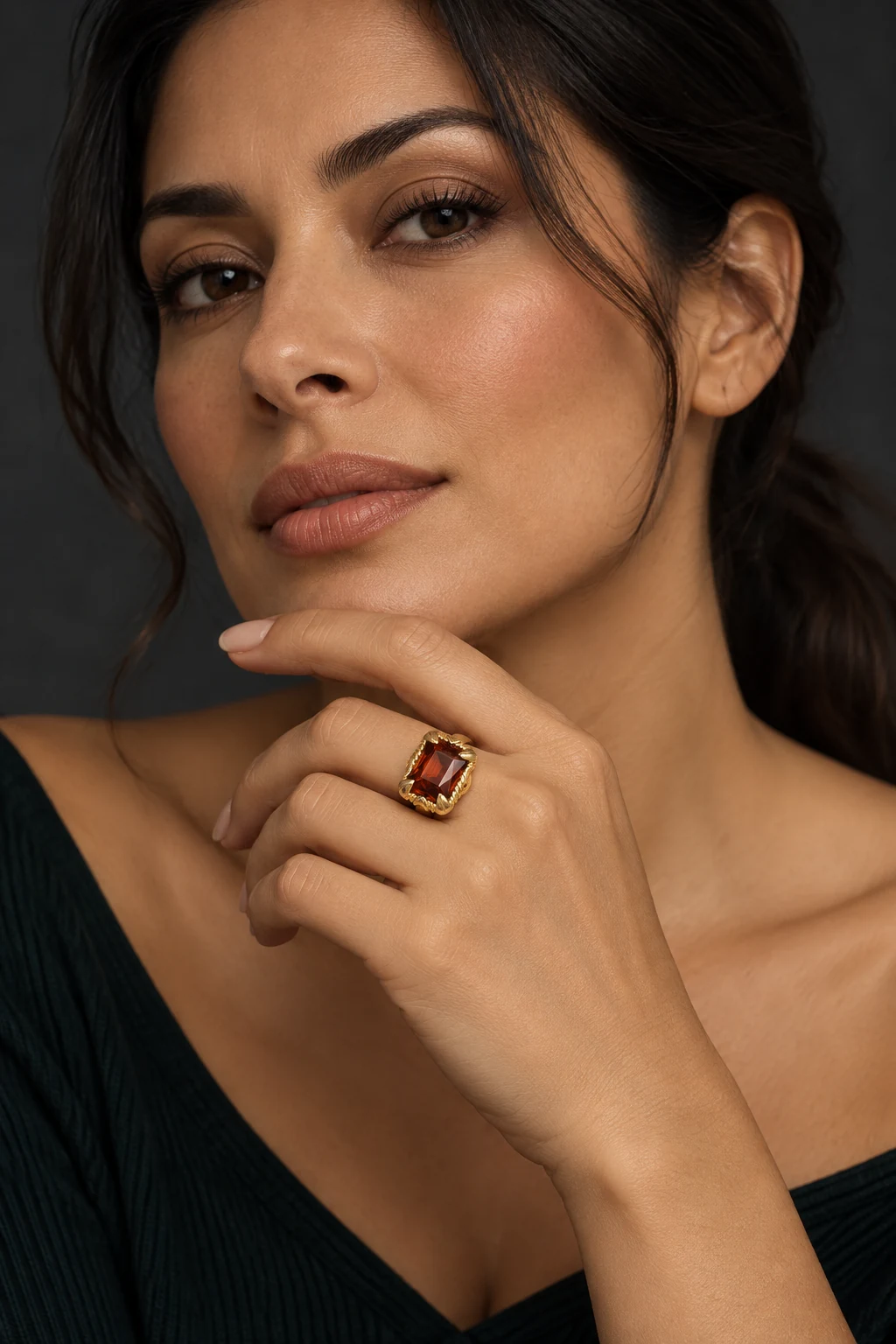 The Romy Arabesque Brown Ring worn on a model — AI-generated styling preview