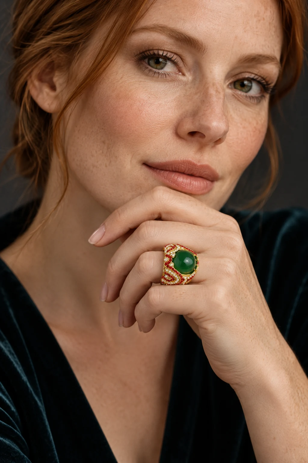 The Margaux Jardin Gold-Tone Ring worn on a model — AI-generated styling preview