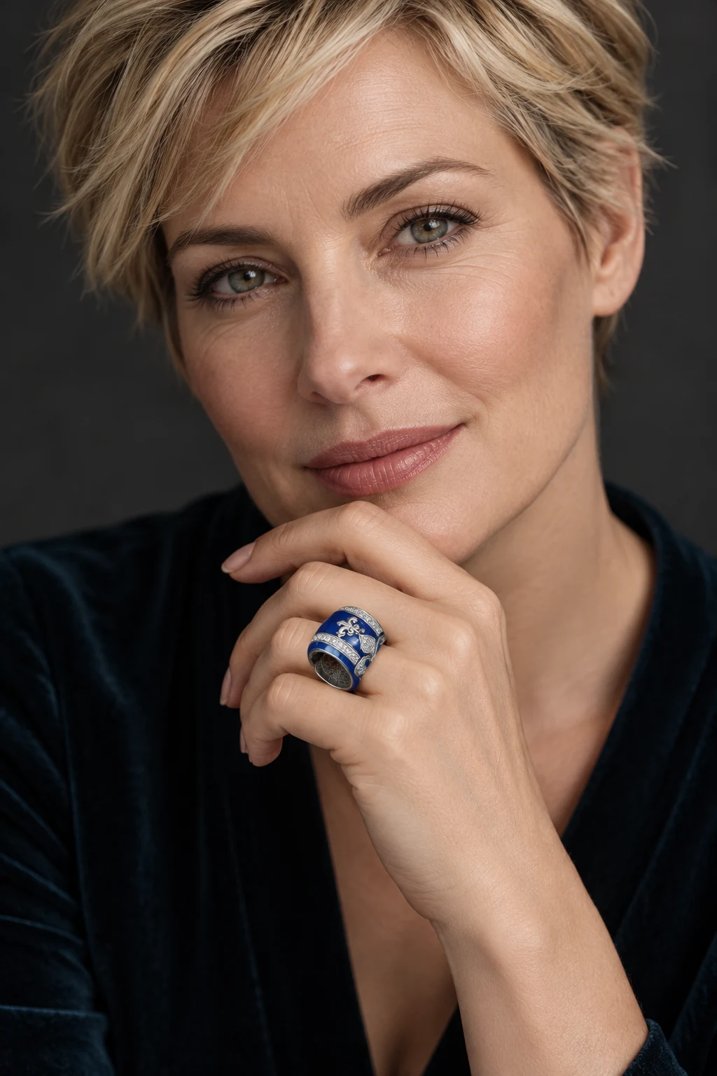 The Fabienne Promenade Blue Ring worn on a model — AI-generated styling preview