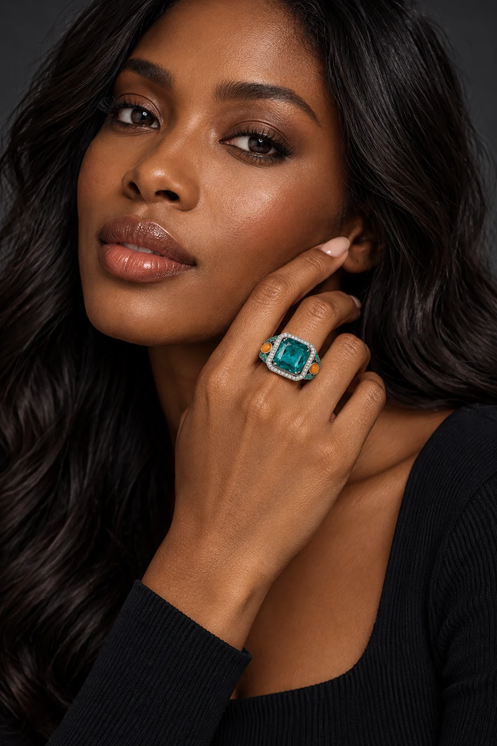 The Fabienne Romance Ring worn on a model — AI-generated styling preview